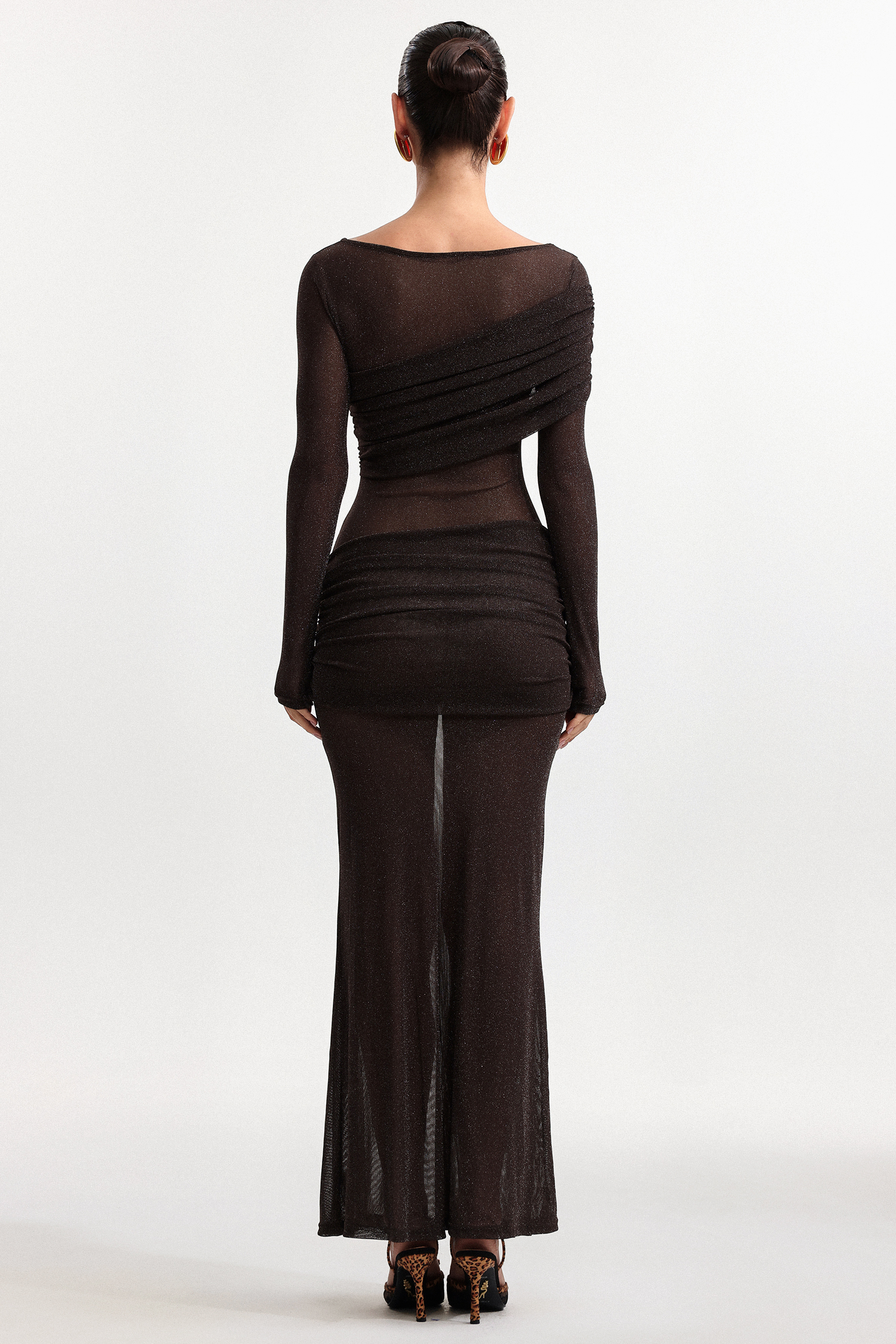 Moony Elegant Contour Long Sleeve Pleated Mesh Maxi Dress