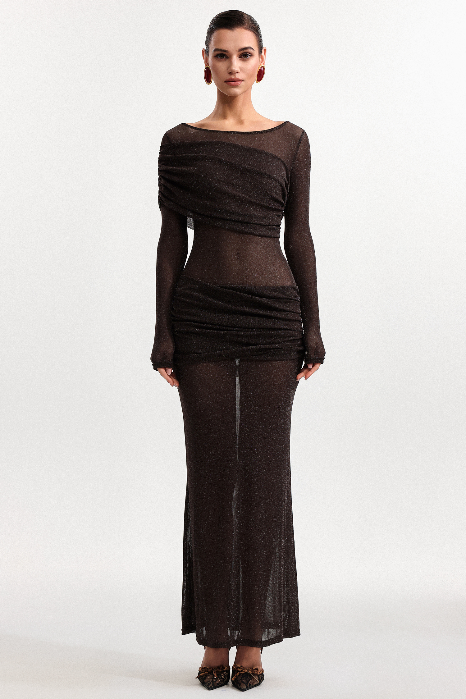 Moony Elegant Contour Long Sleeve Pleated Mesh Maxi Dress