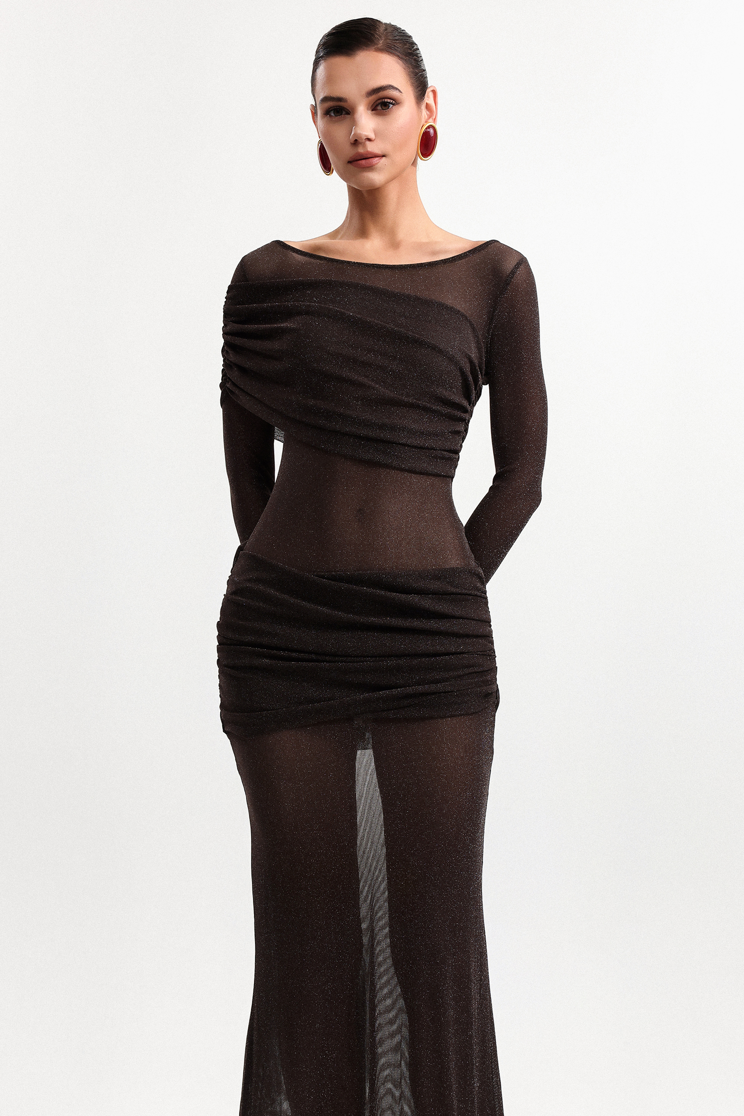 Moony Elegant Contour Long Sleeve Pleated Mesh Maxi Dress