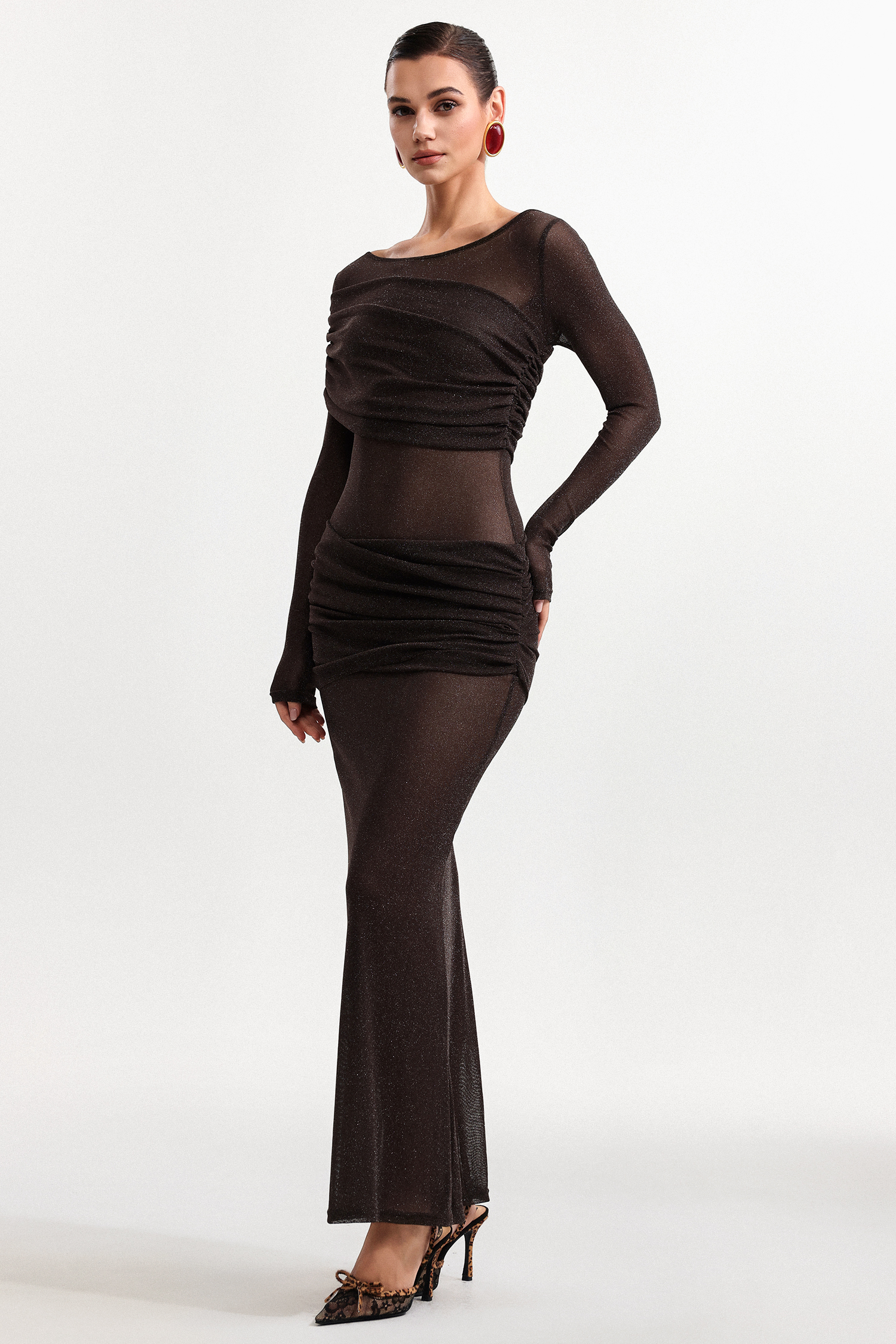 Moony Elegant Contour Long Sleeve Pleated Mesh Maxi Dress