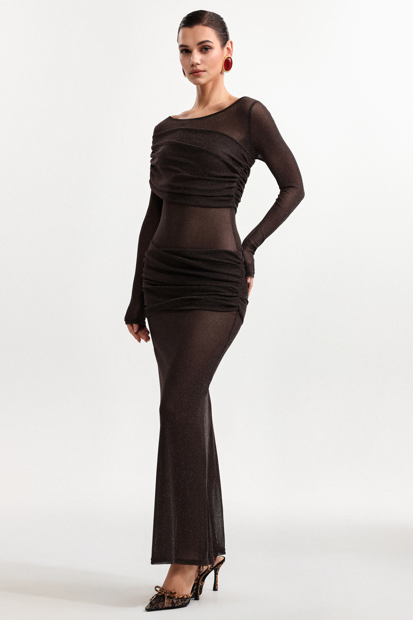 Moony Elegant Contour Long Sleeve Pleated Mesh Maxi Dress