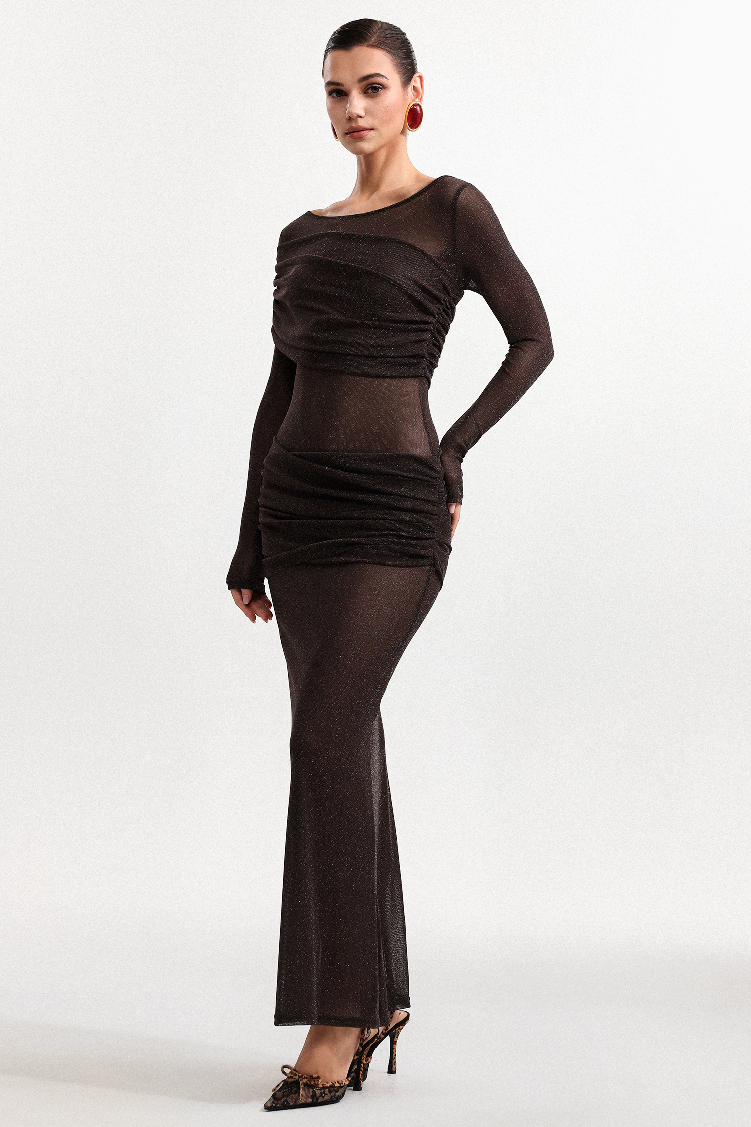Moony Elegant Contour Long Sleeve Pleated Mesh Maxi Dress