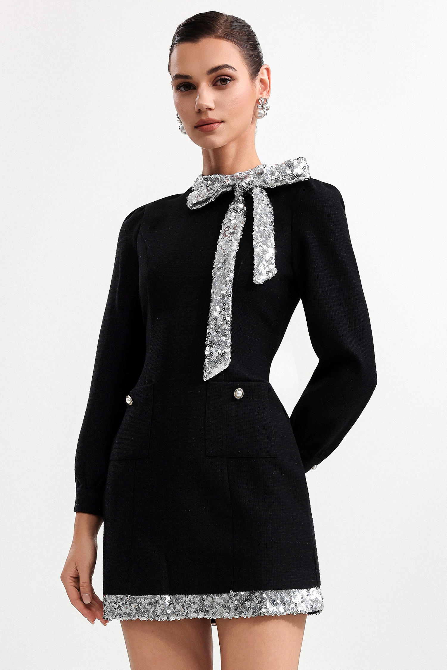 Mirelle Chic Tailored Long Sleeve Sequin Woven Mini Dress