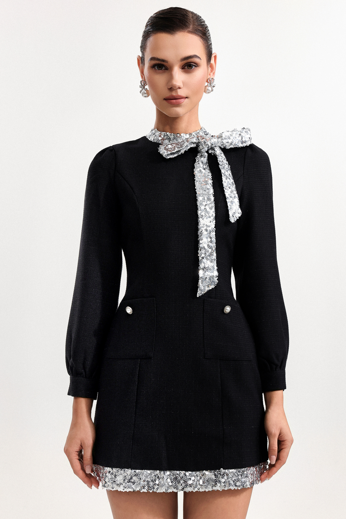 Mirelle Chic Tailored Long Sleeve Sequin Woven Mini Dress