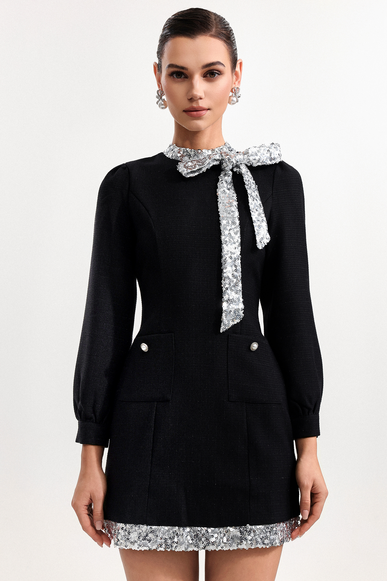 Mirelle Chic Tailored Long Sleeve Sequin Woven Mini Dress