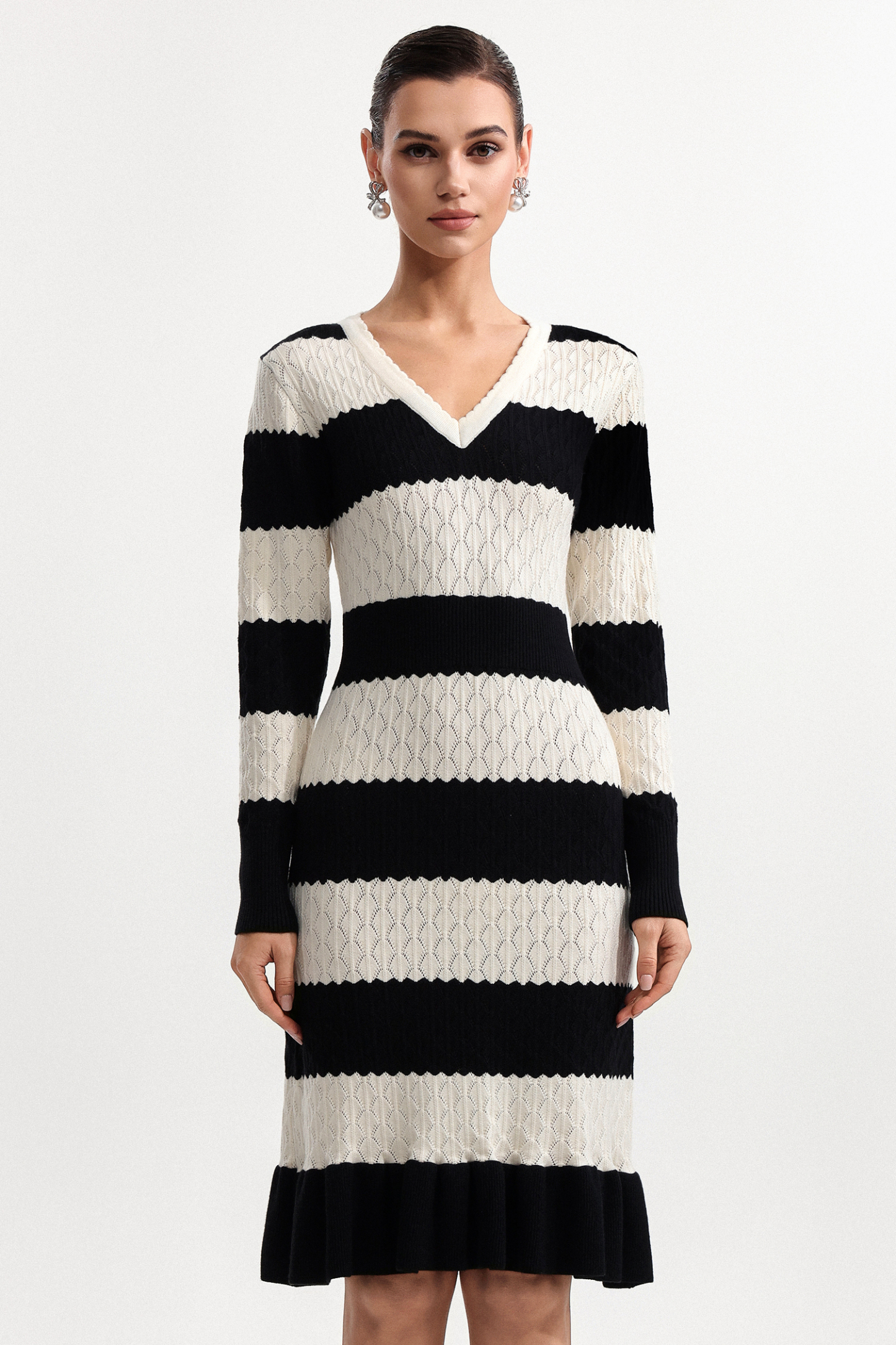 Donnica Elegant Contour V Neck Long Sleeve Stripe Knit Mini Dress