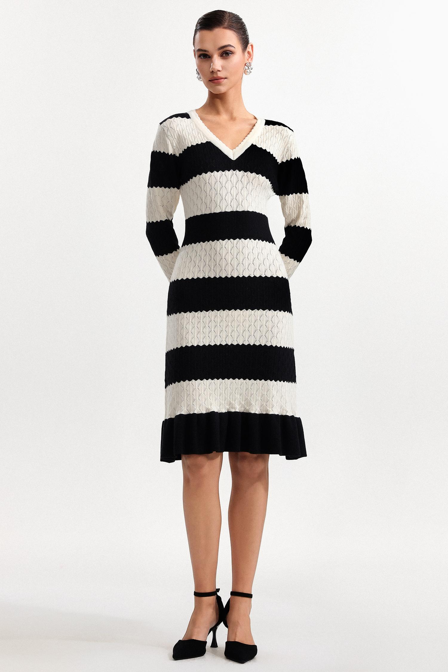 Donnica Elegant Contour V Neck Long Sleeve Stripe Knit Mini Dress