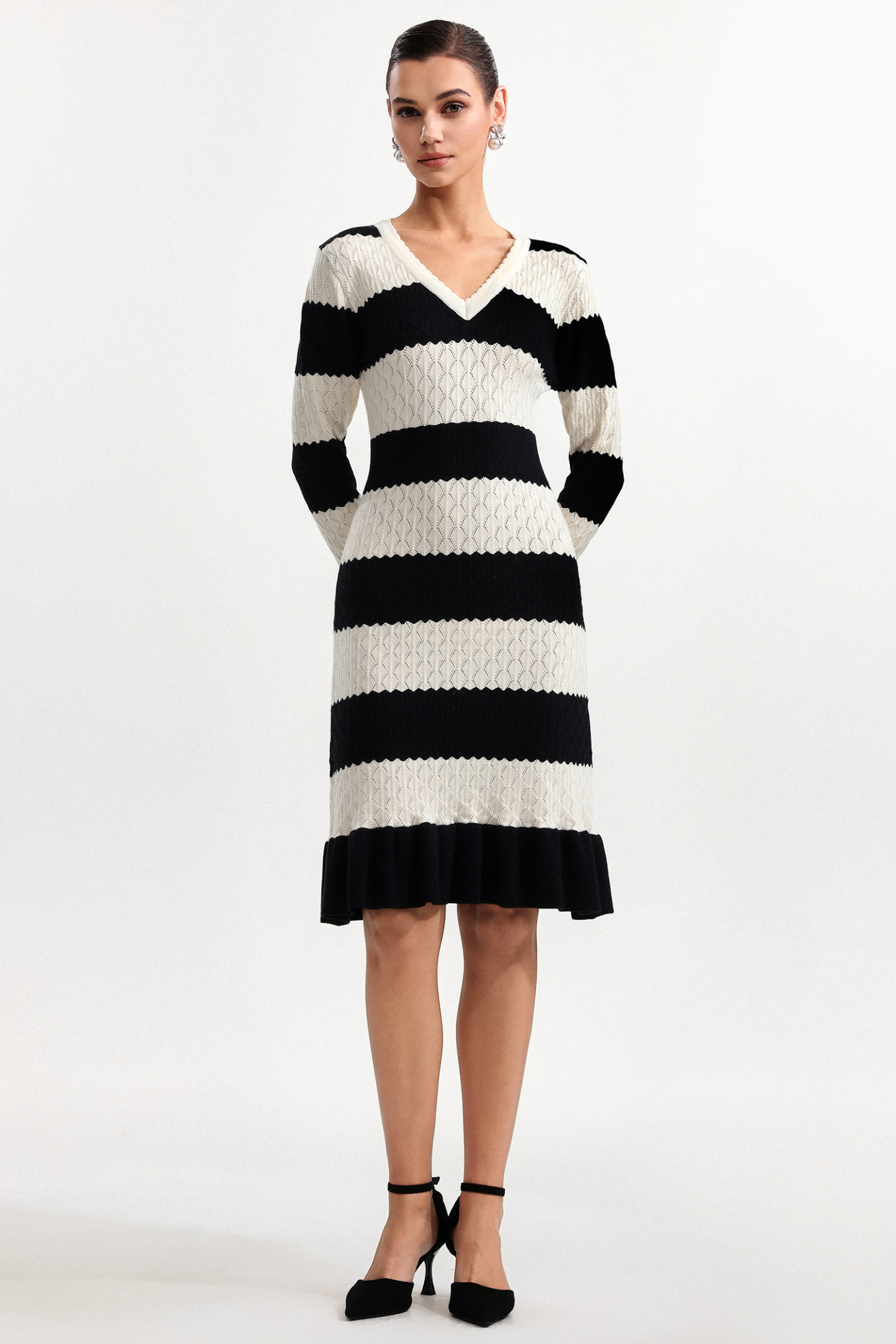 Donnica Elegant Contour V Neck Long Sleeve Stripe Knit Mini Dress