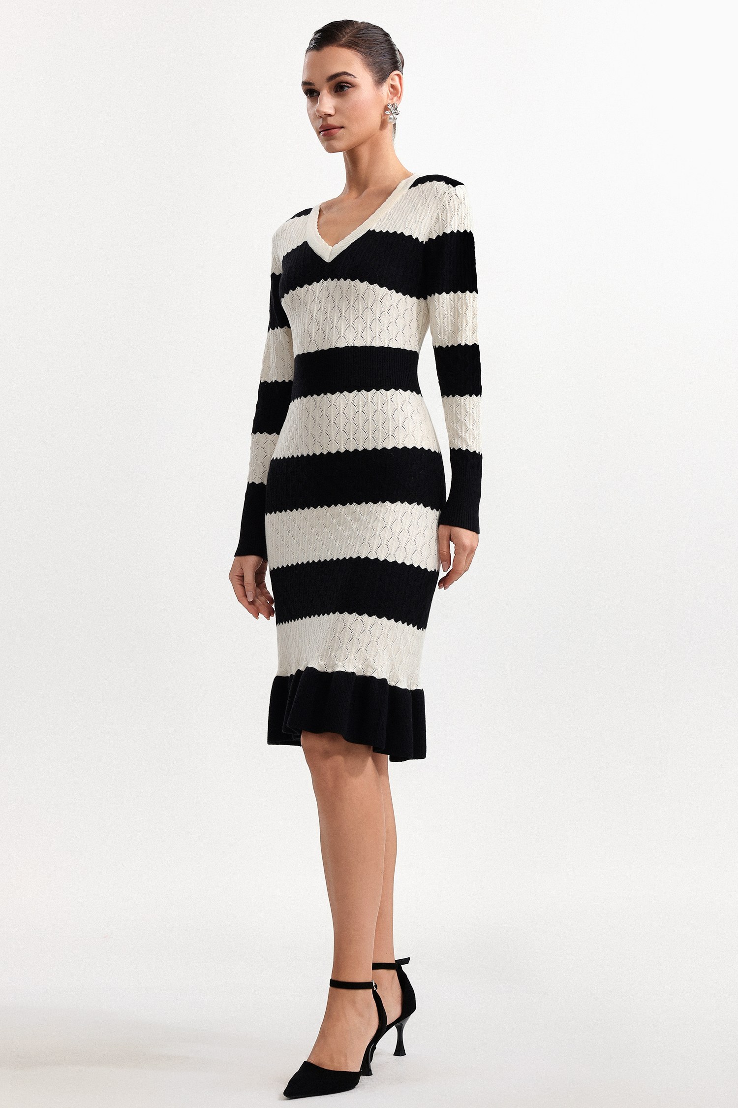 Donnica Elegant Contour V Neck Long Sleeve Stripe Knit Mini Dress