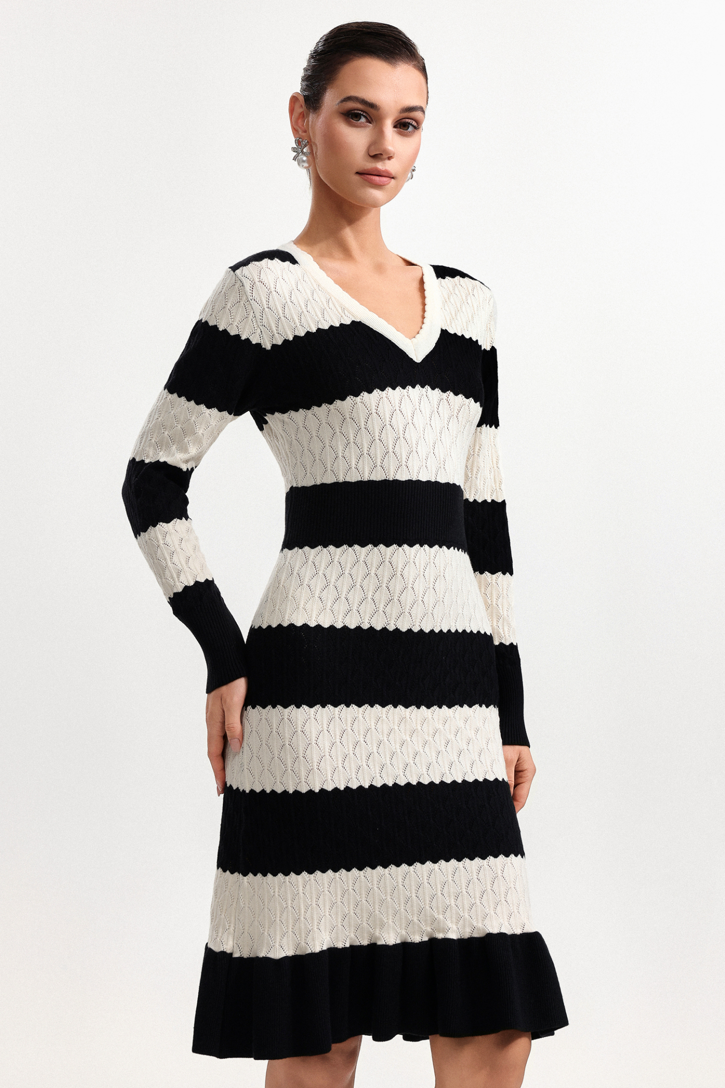 Donnica Elegant Contour V Neck Long Sleeve Stripe Knit Mini Dress