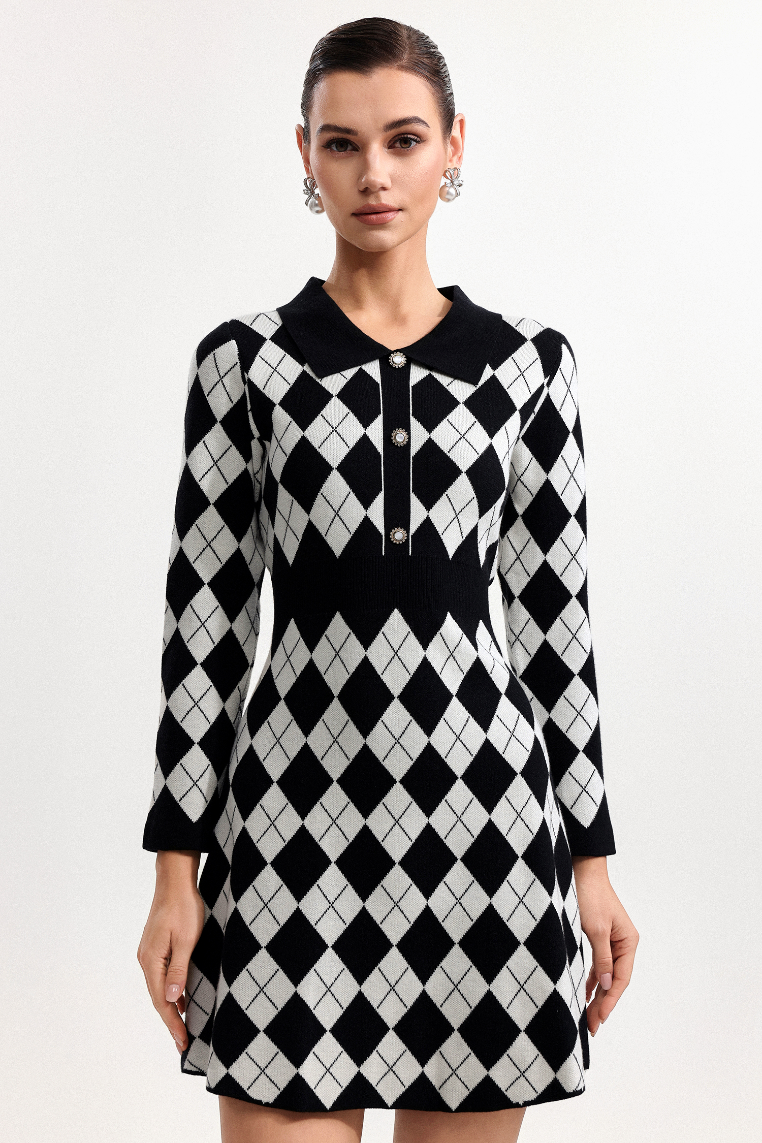 Deirdre Elegant Contour Long Sleeve Argyle Knit Mini Dress