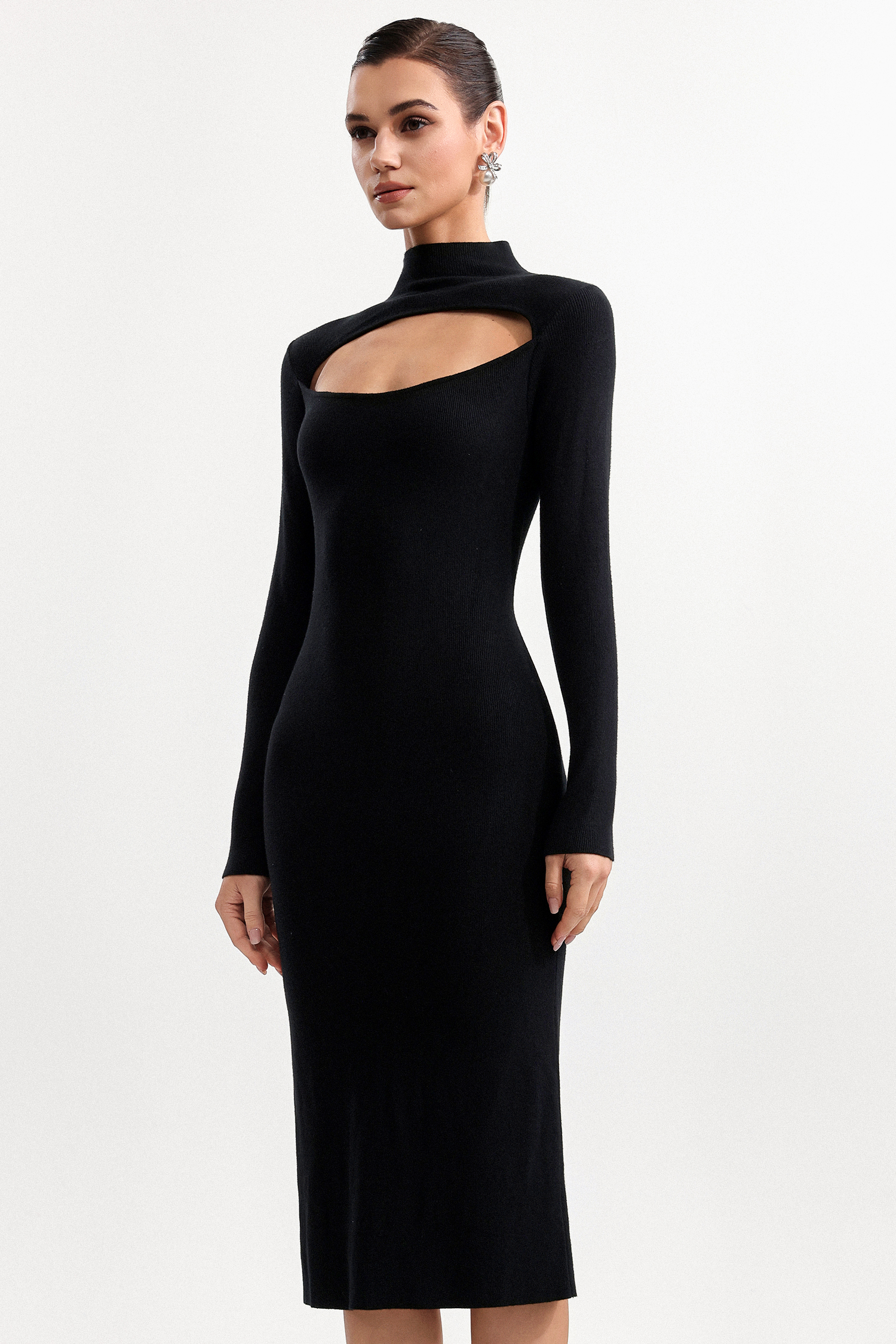 Zaha Chic Contour Long Sleeve Knit Midi Dress