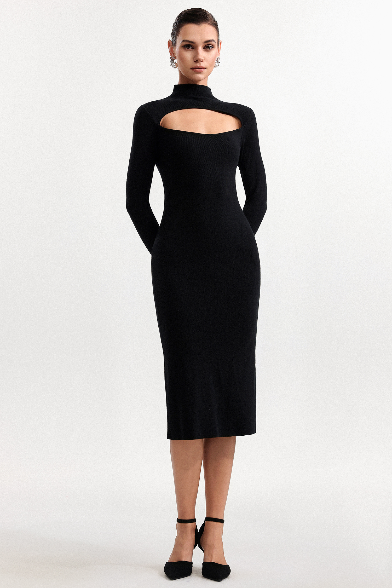 Zaha Chic Contour Long Sleeve Knit Midi Dress