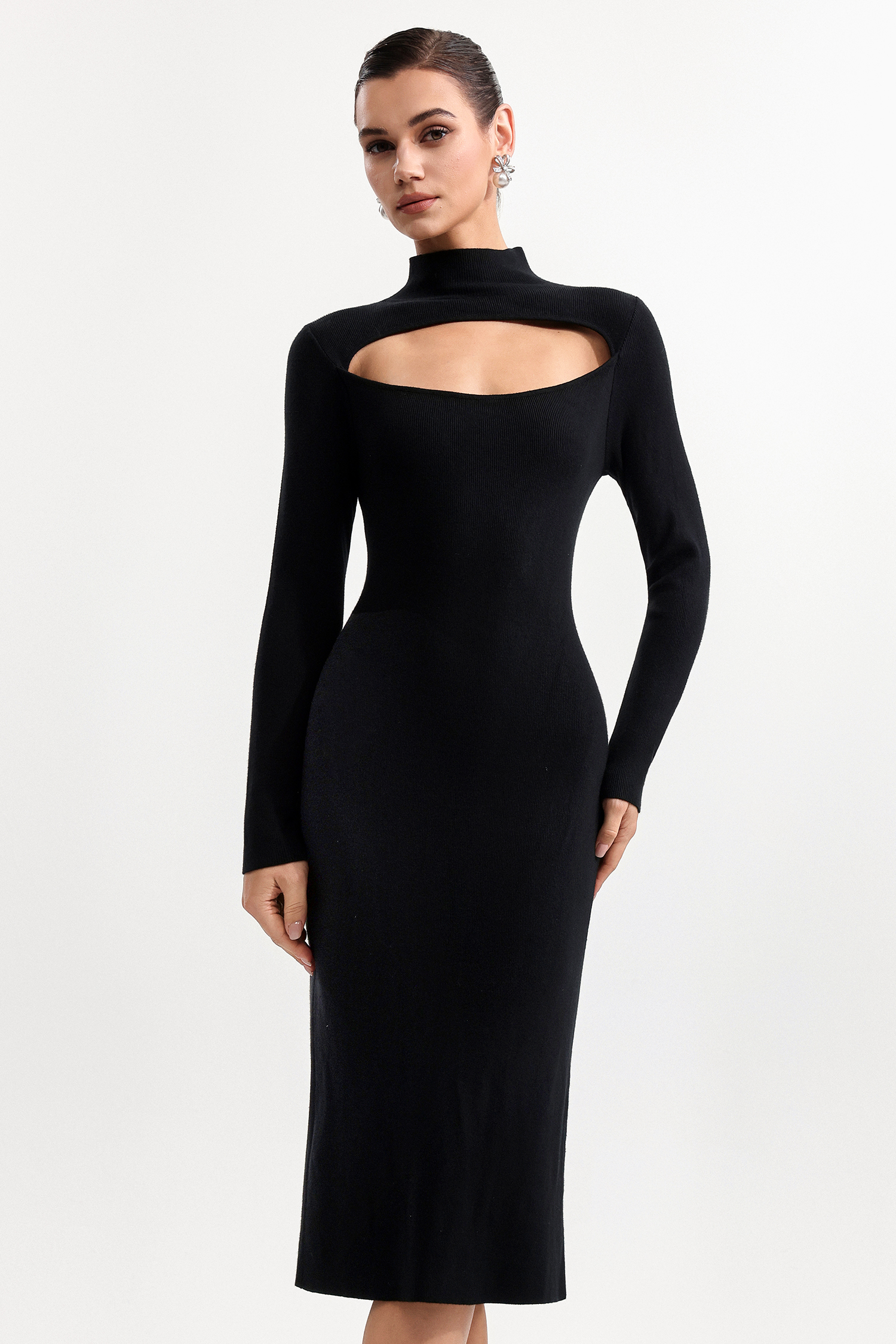 Zaha Chic Contour Long Sleeve Knit Midi Dress