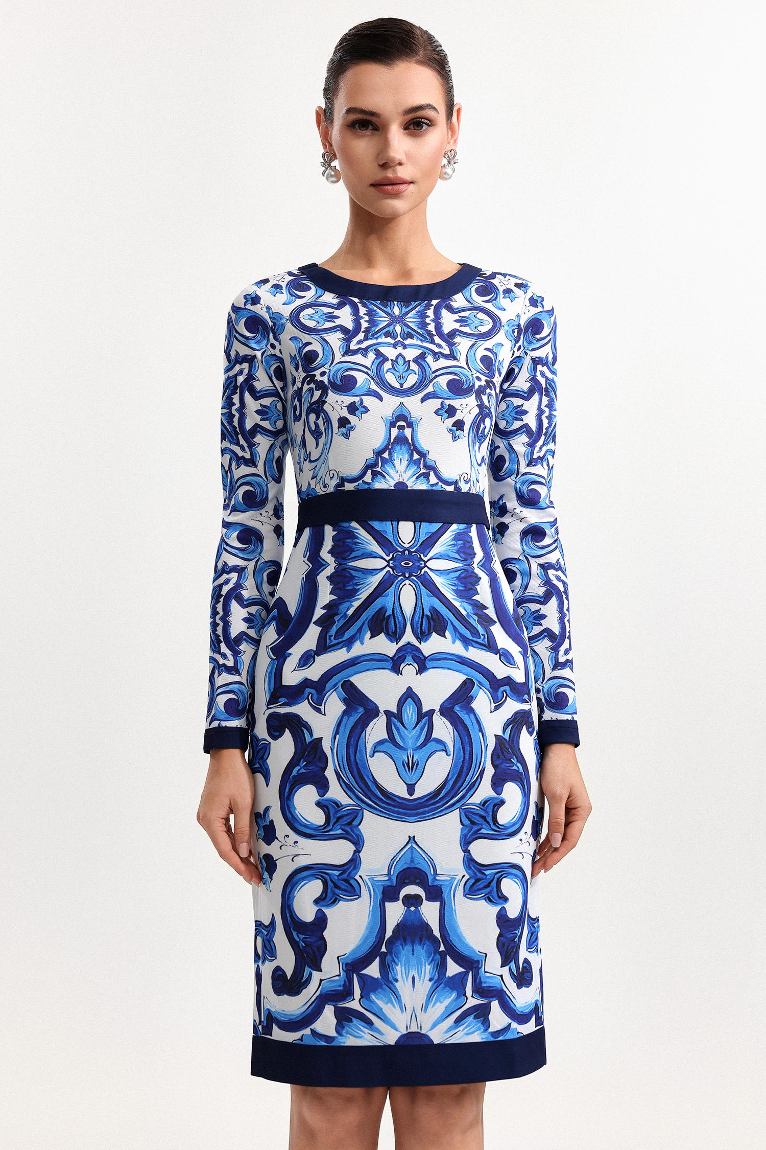 Nerlii Classic Tailored Round Neck Long Sleeve Printed Woven Midi Dress
