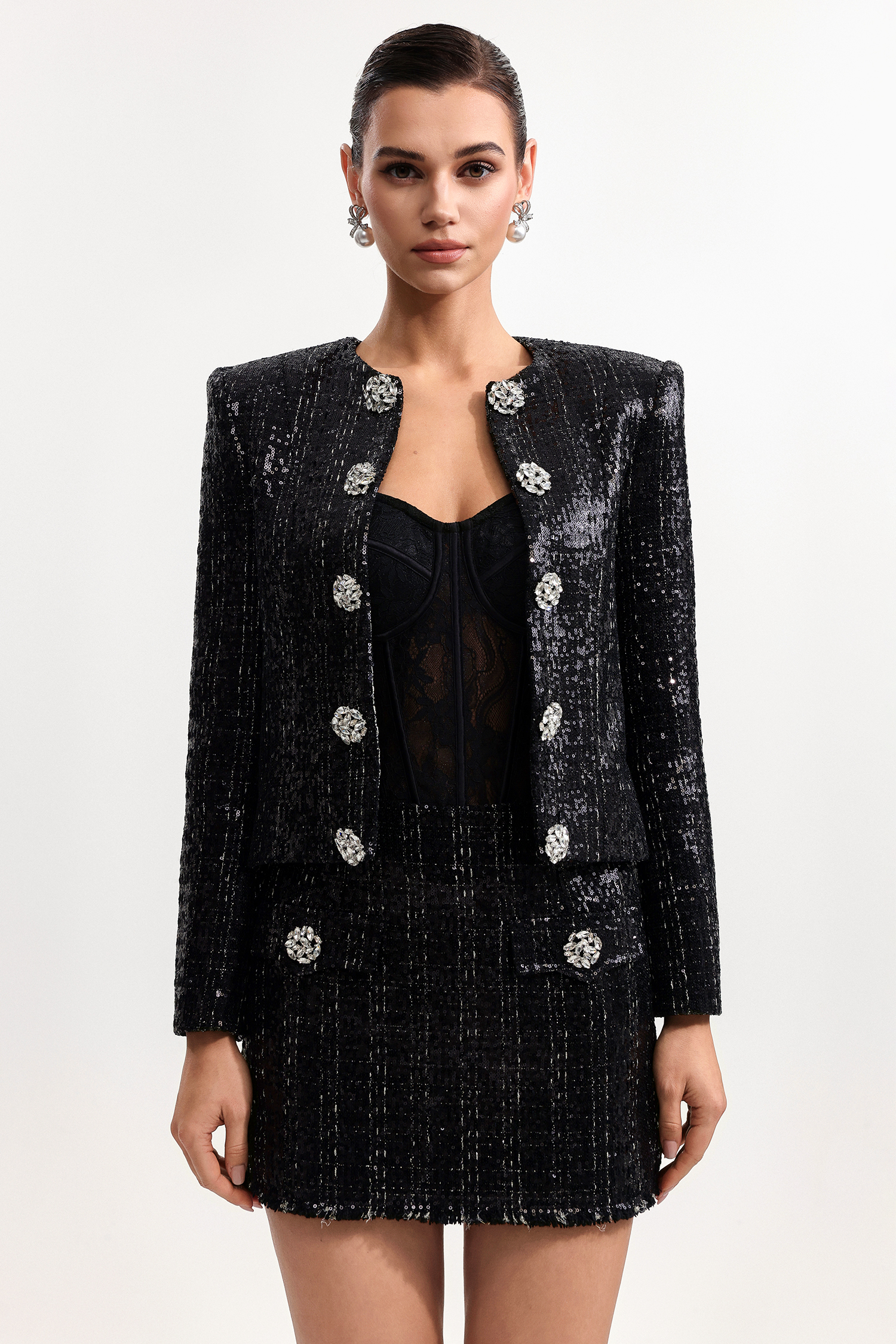 Ode Classic Tailored Long Sleeve Sequin Woven Blazer And Skirt Two-Piece Set