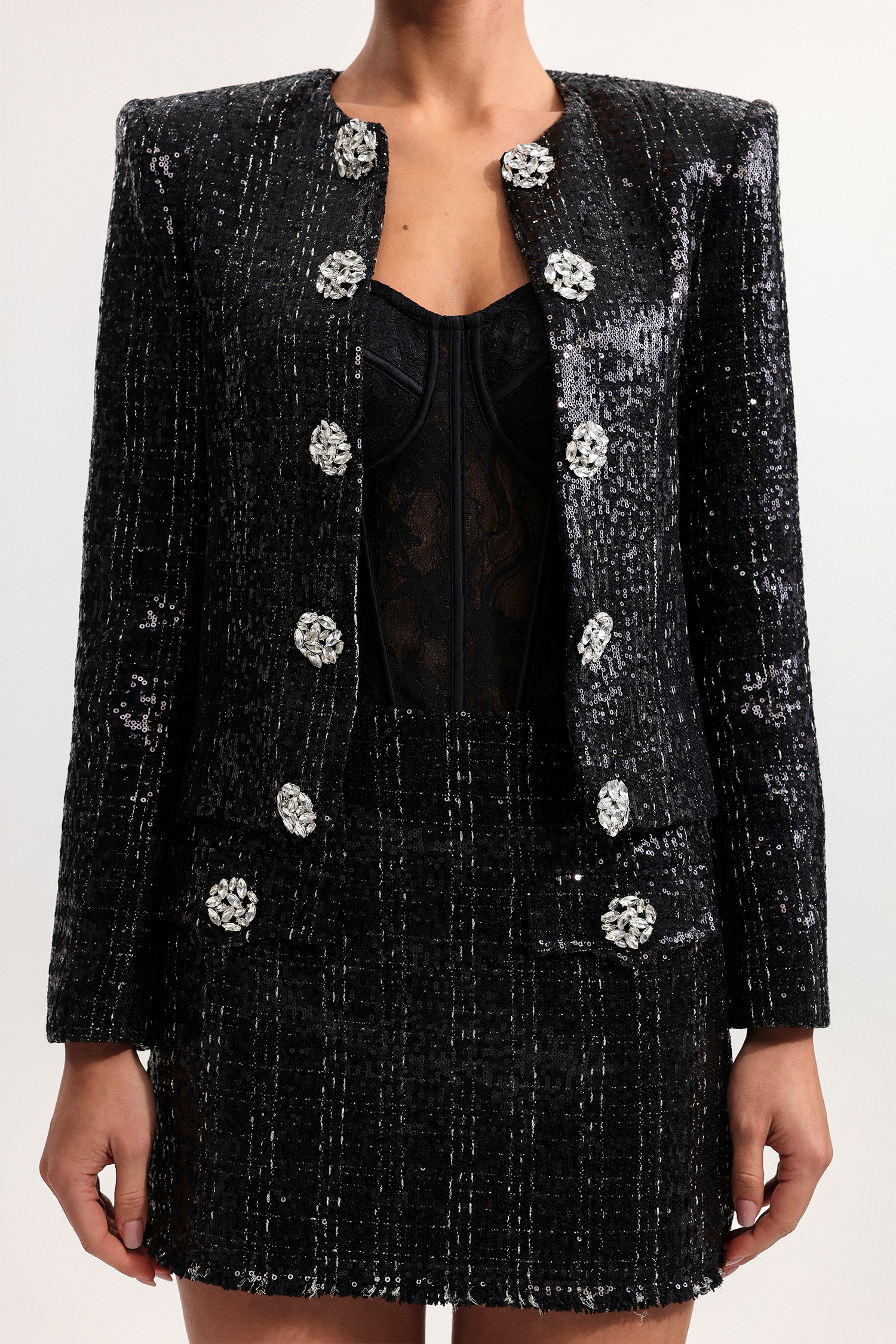 Ode Classic Tailored Long Sleeve Sequin Woven Blazer And Skirt Two-Piece Set