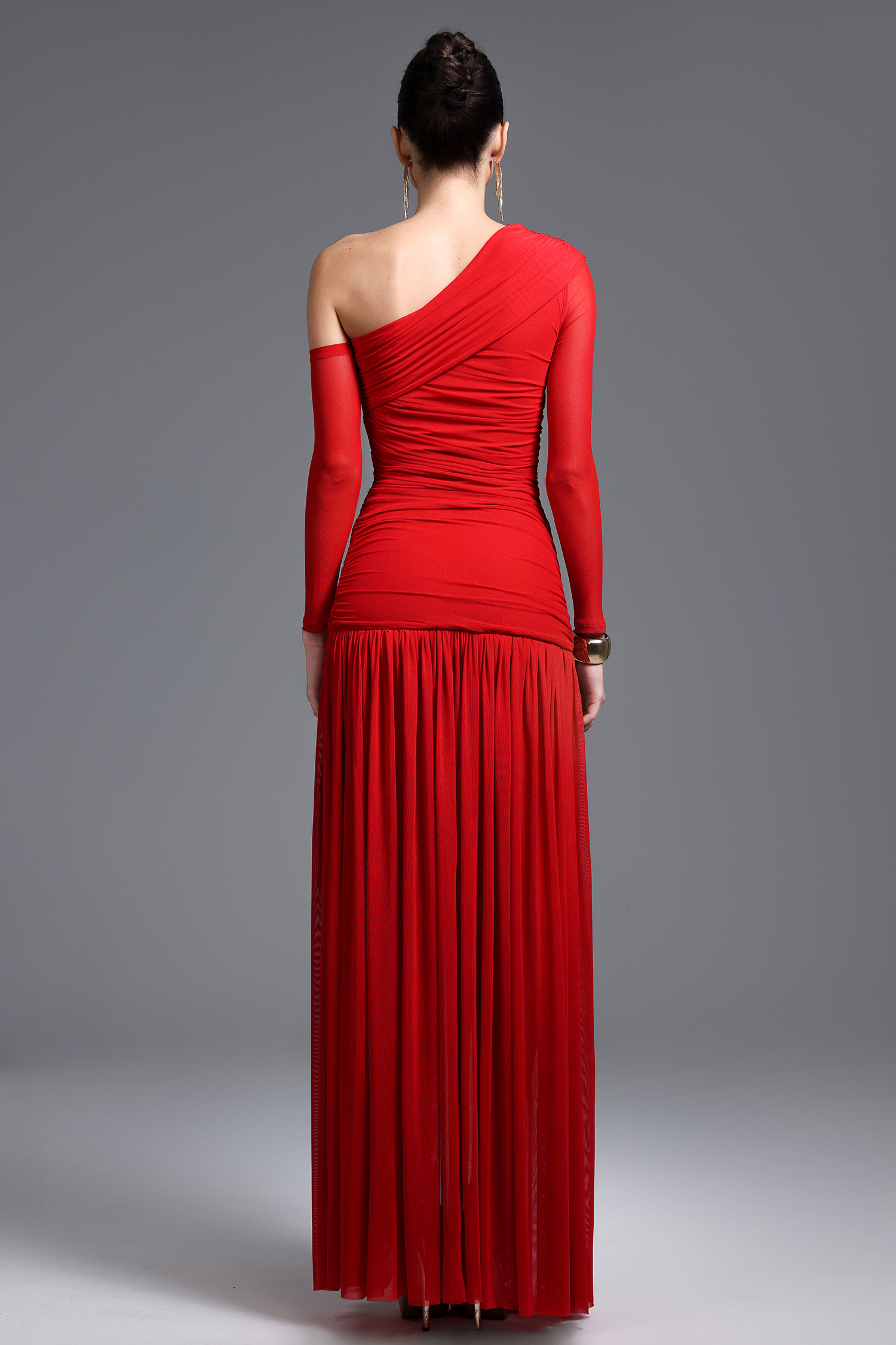 Zaniyah Elegant Contour One Shoulder Ruched High Slit Knit Maxi Dress