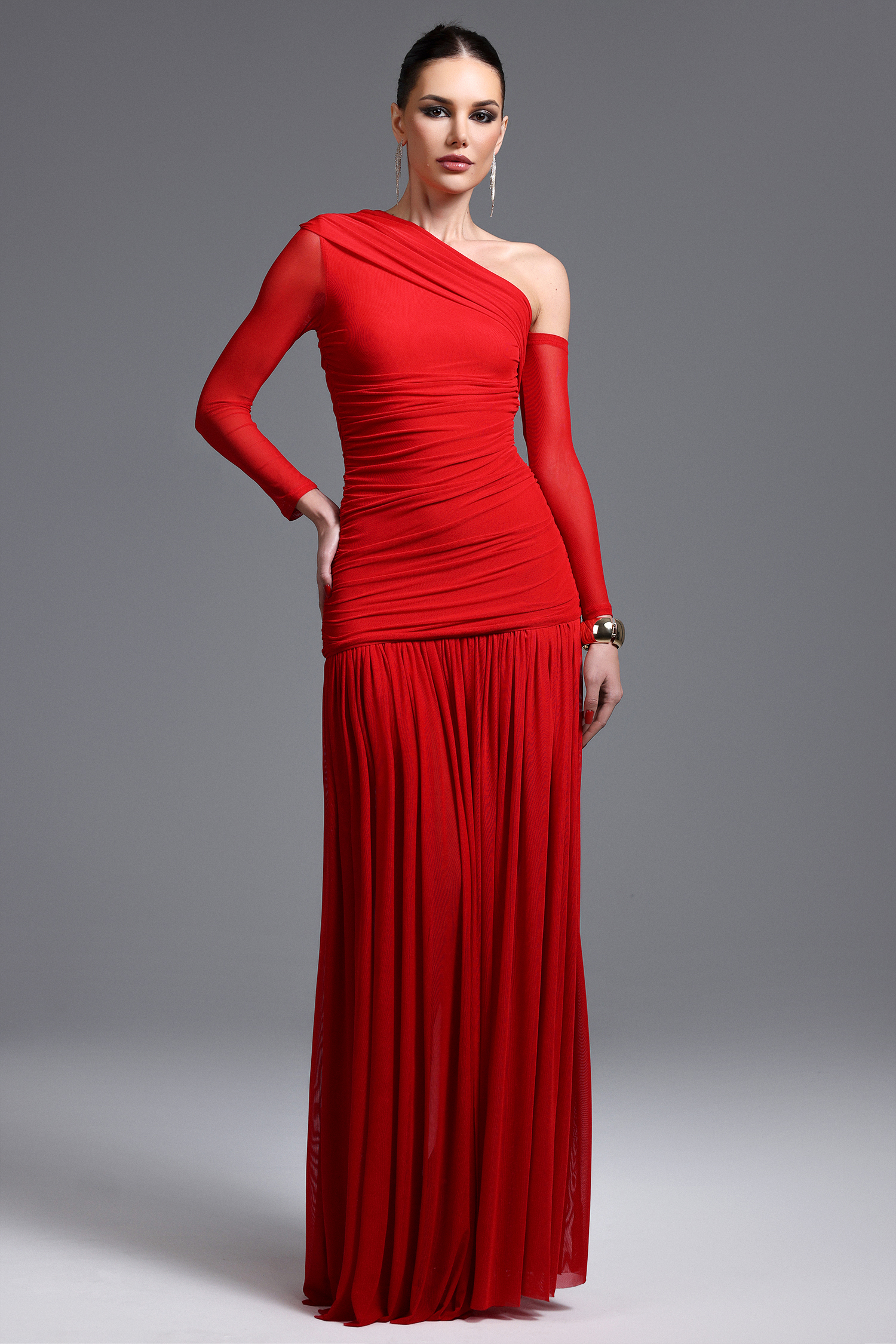 Zaniyah Elegant Contour One Shoulder Ruched High Slit Knit Maxi Dress