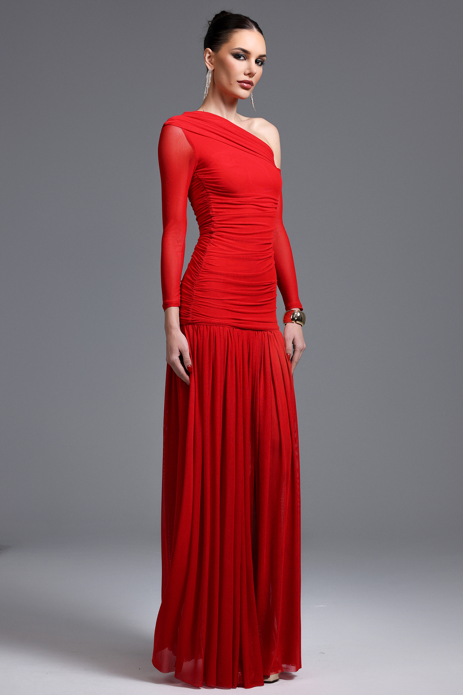 Zaniyah Elegant Contour One Shoulder Ruched High Slit Knit Maxi Dress