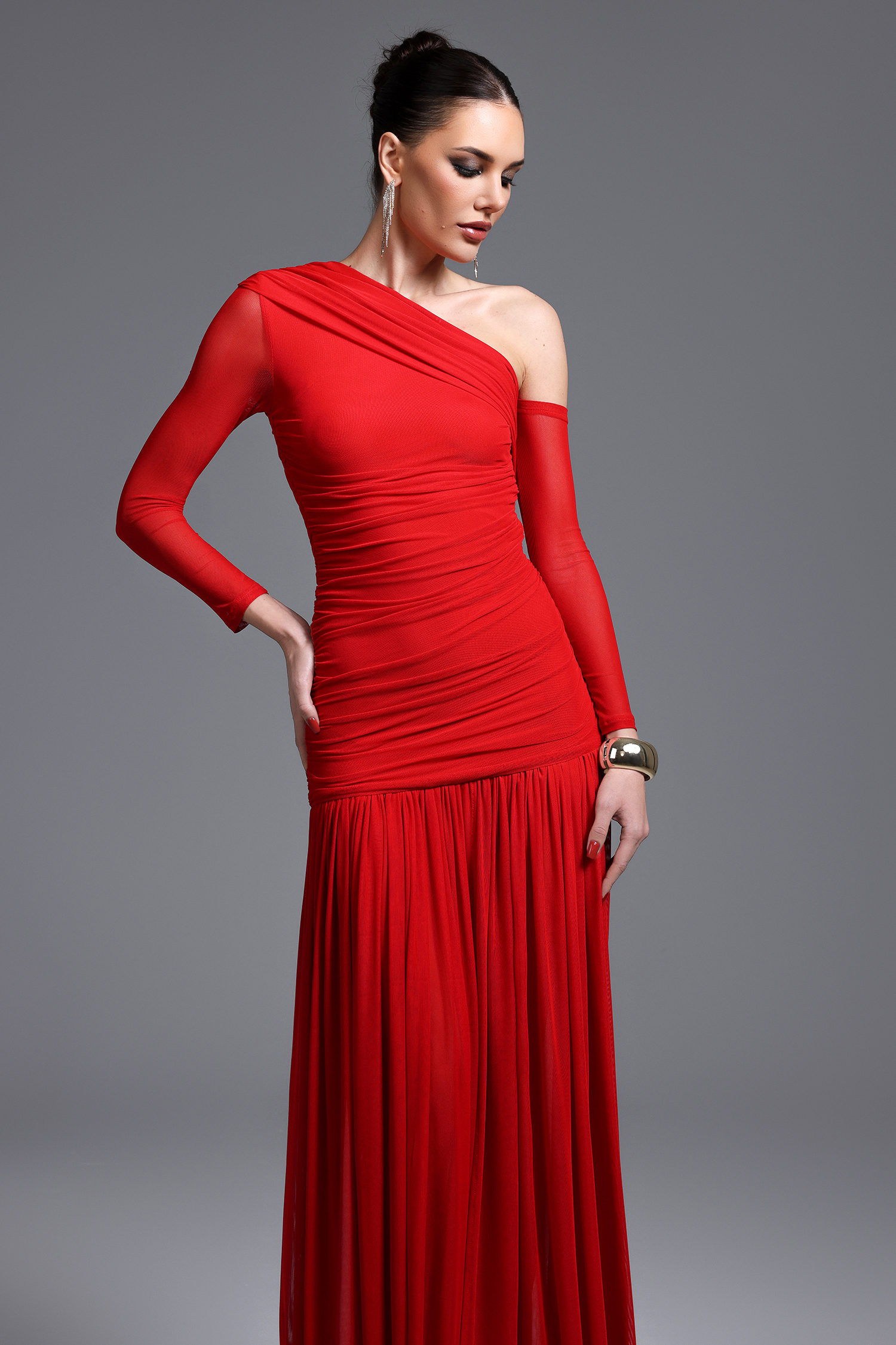 Zaniyah Elegant Contour One Shoulder Ruched High Slit Knit Maxi Dress