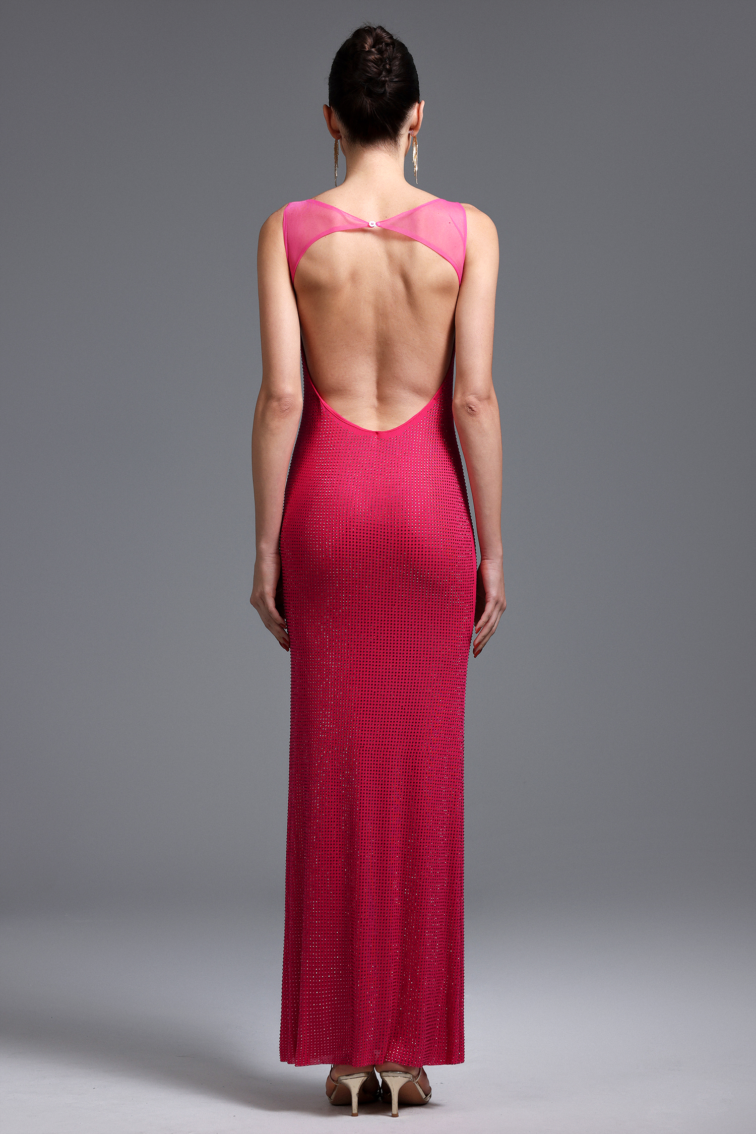 Pillose Diamond Backless Rose Pink Maxi Dress