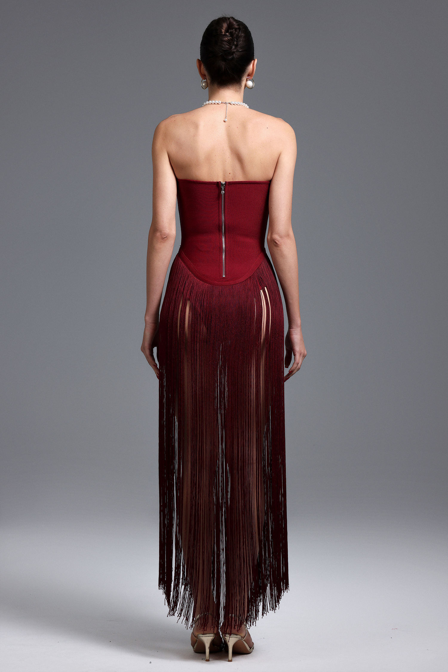 Valentina Strapless Purplish Red Fringe Dress