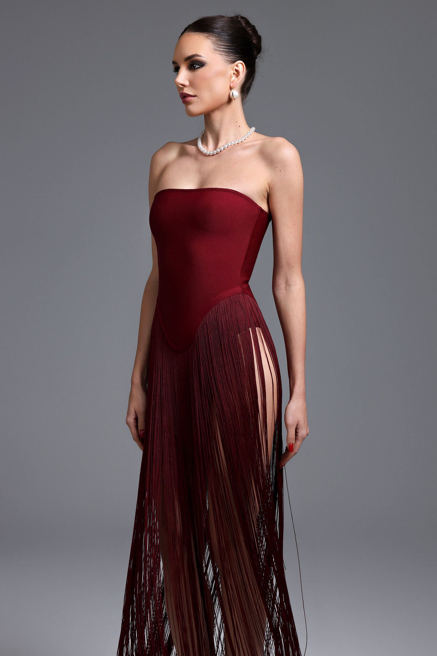 Valentina Strapless Purplish Red Fringe Dress