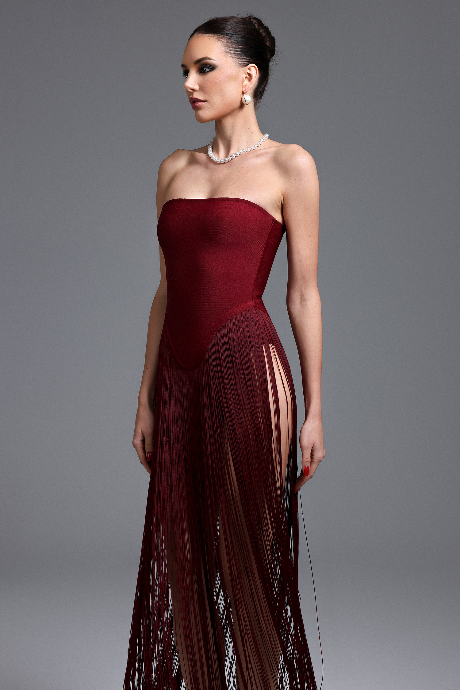 Valentina Strapless Purplish Red Fringe Dress