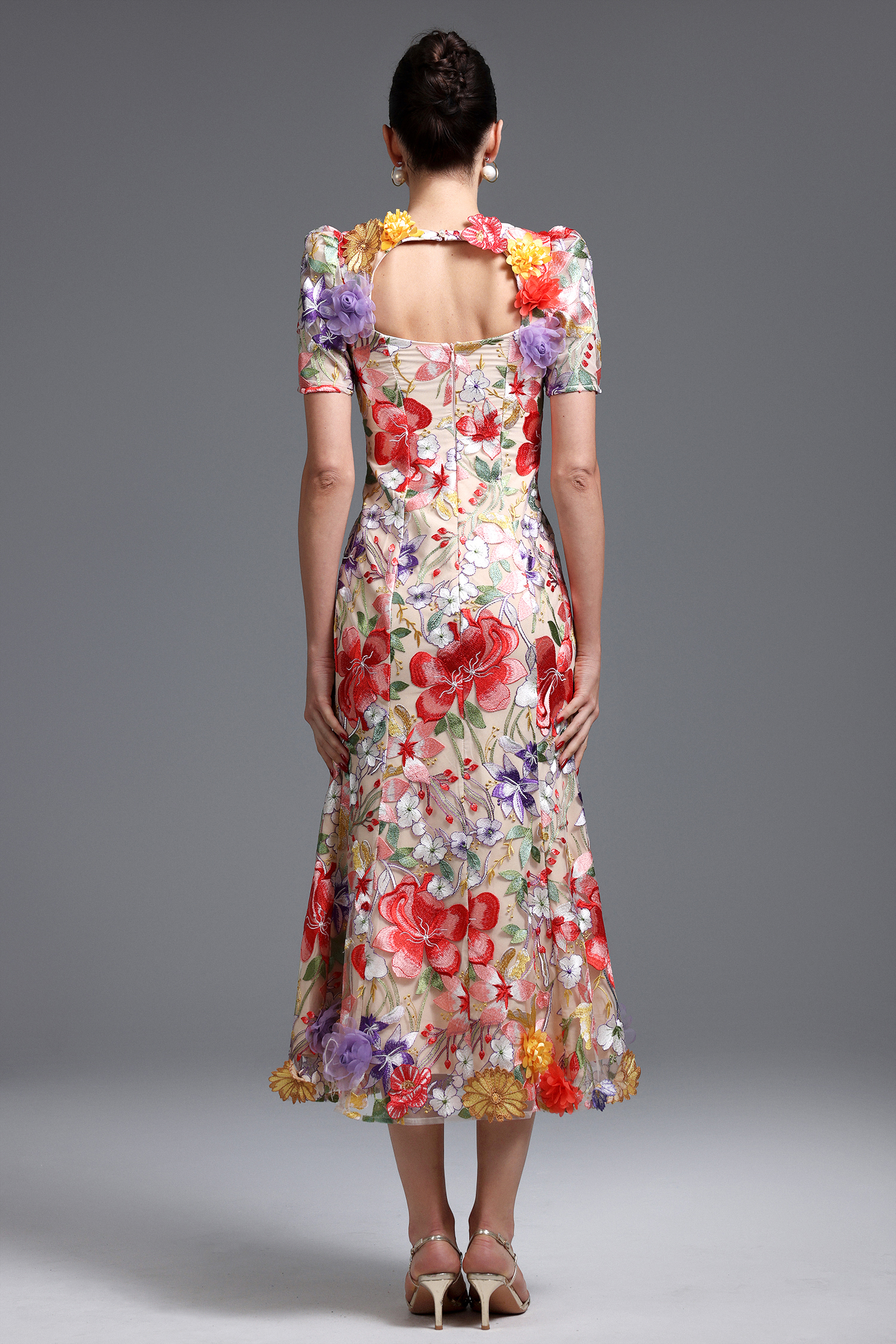 Yauia Romantic Embroidered Short Sleeve Floral Maxi Dress