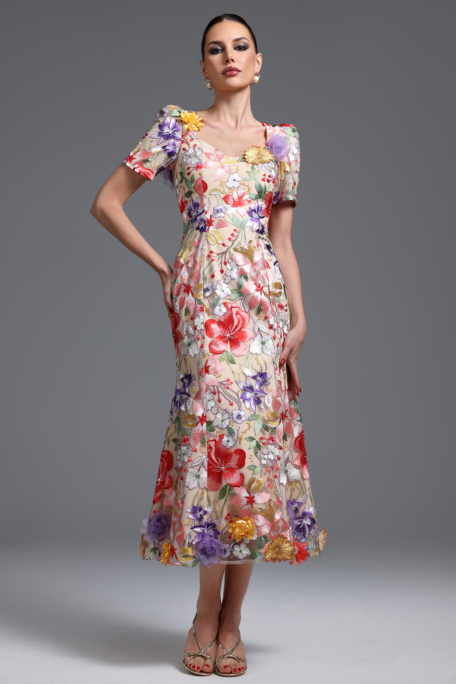 Yauia Romantic Embroidered Short Sleeve Floral Maxi Dress
