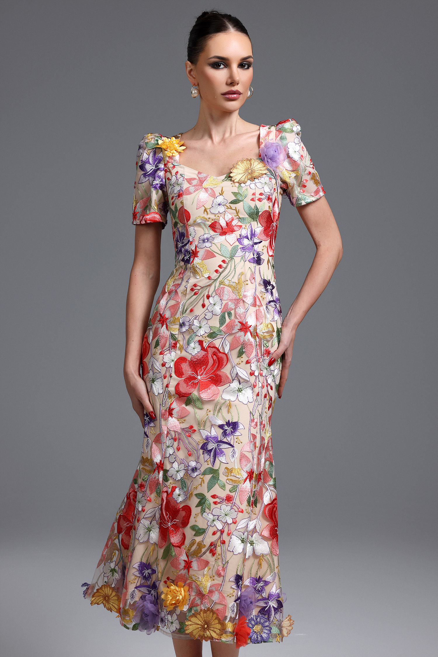 Yauia Romantic Embroidered Short Sleeve Floral Maxi Dress