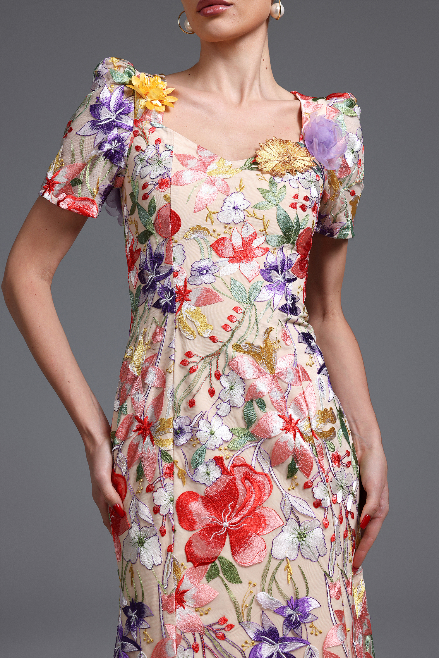 Yauia Romantic Embroidered Short Sleeve Floral Maxi Dress
