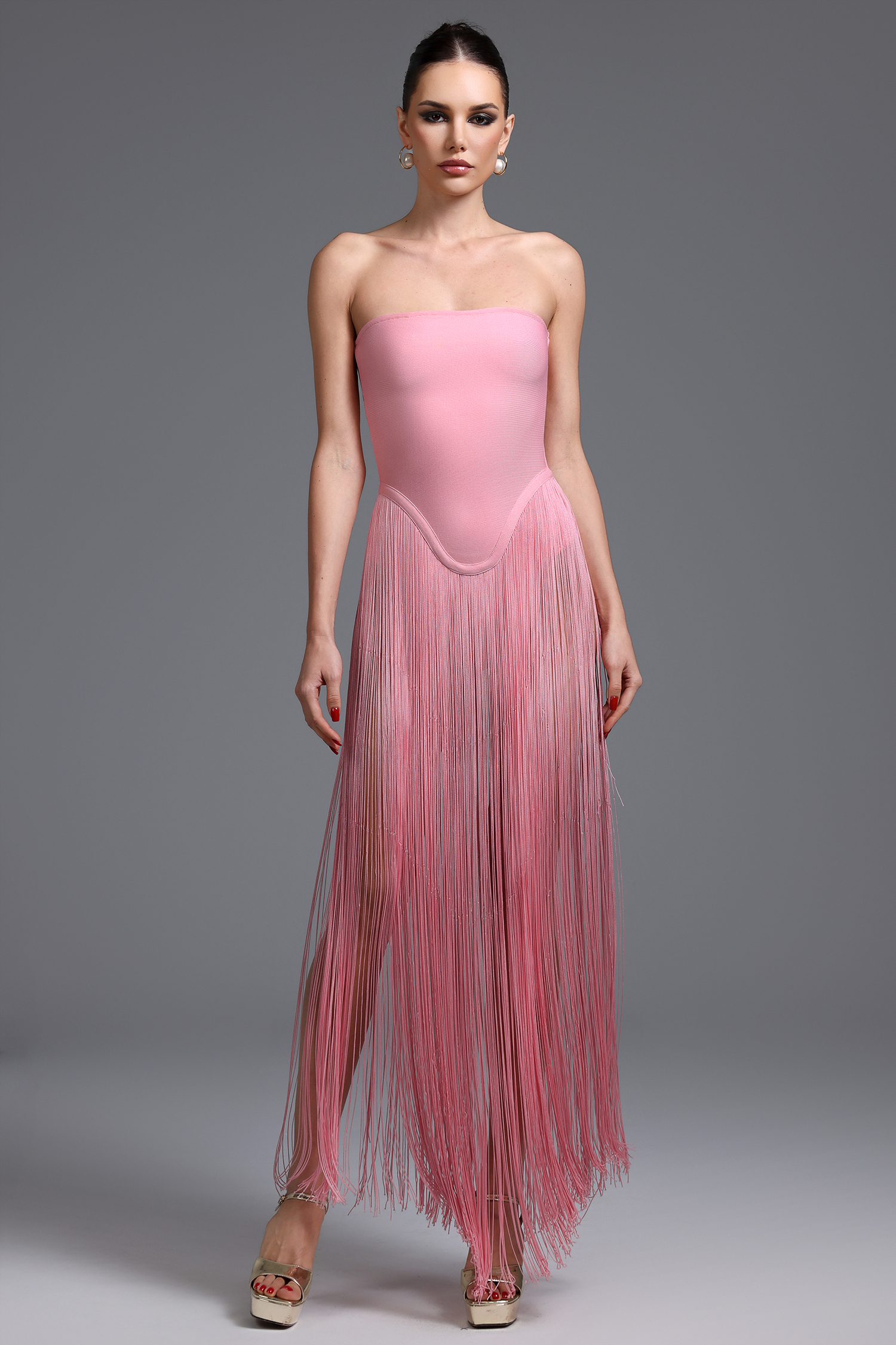 Valentina Strapless Pink Fringe Dress