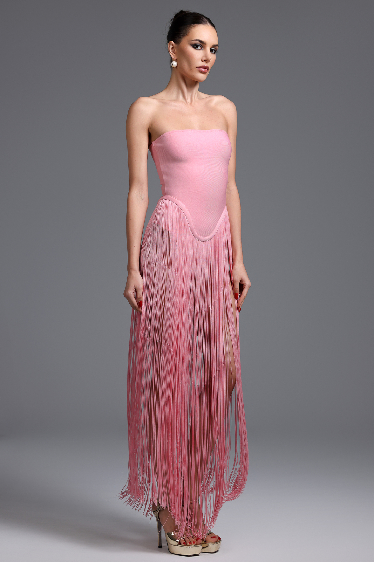 Valentina Strapless Pink Fringe Dress