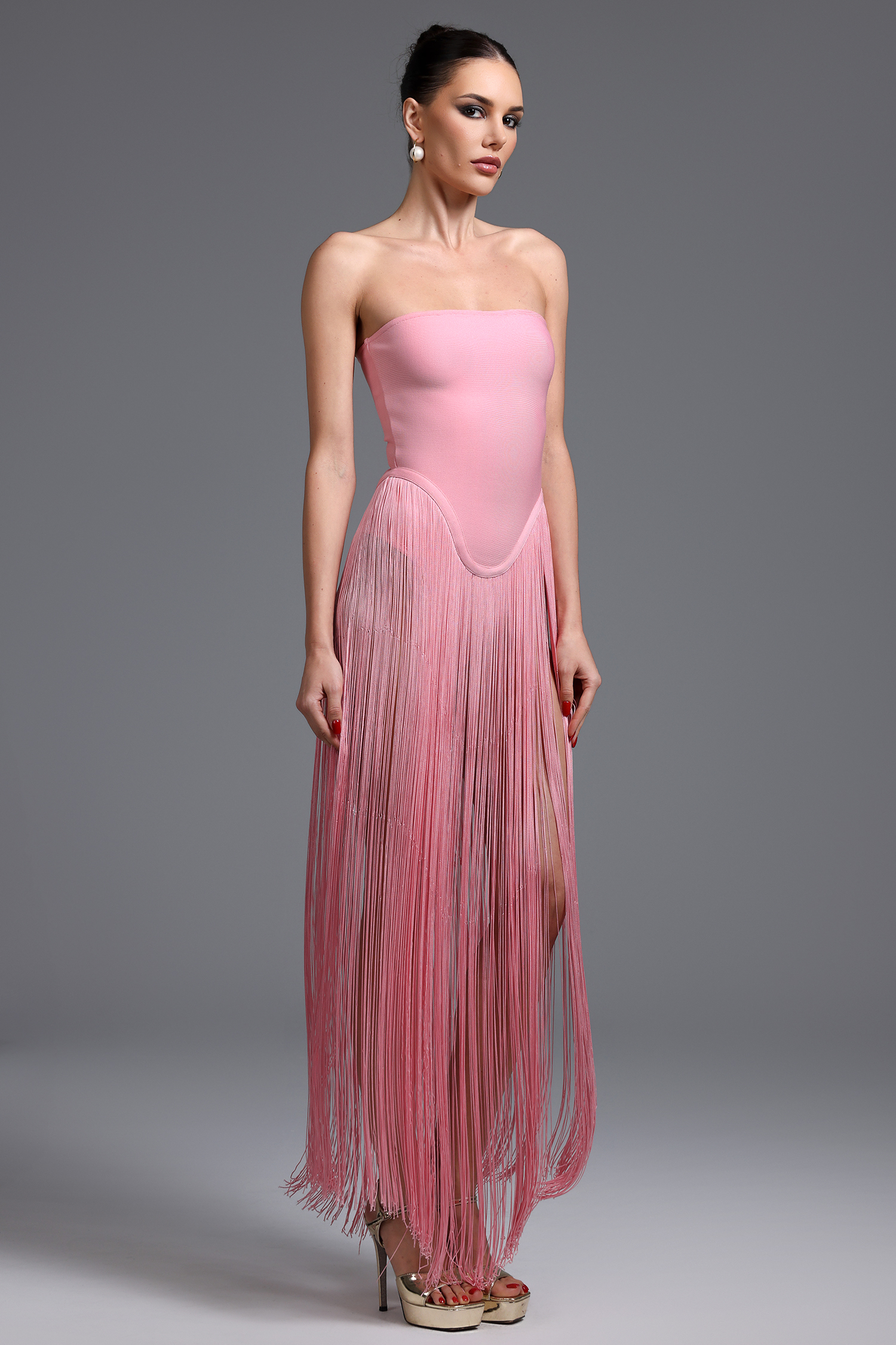 Valentina Strapless Pink Fringe Dress