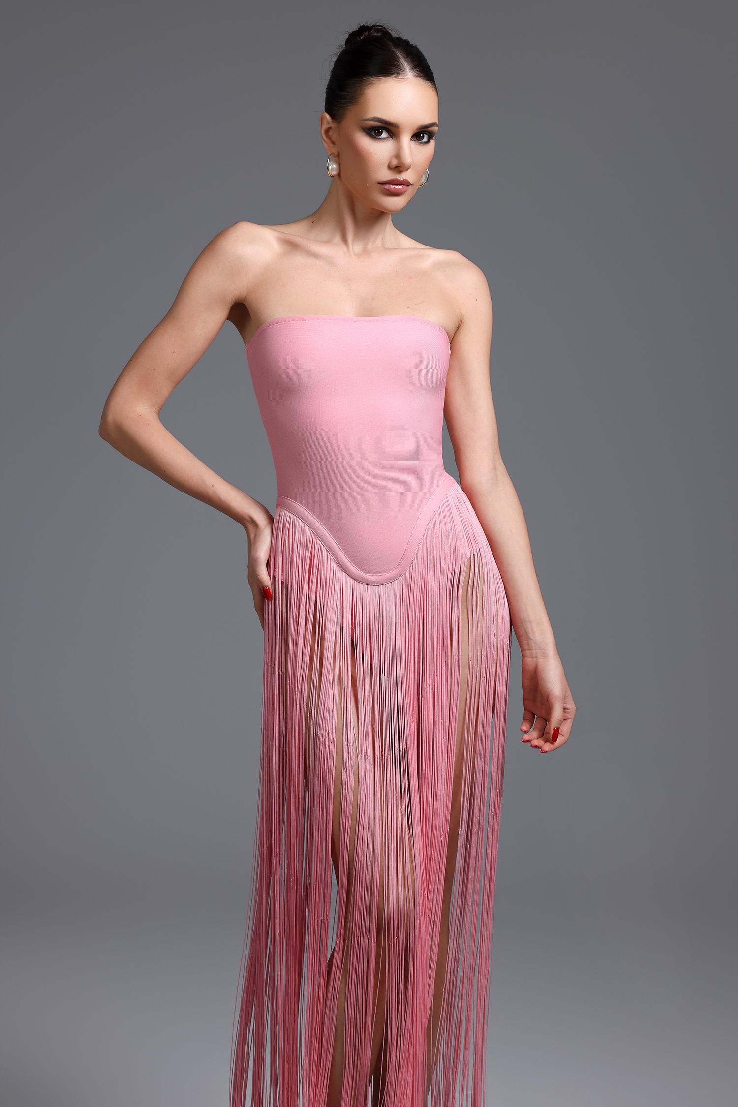 Valentina Strapless Pink Fringe Dress