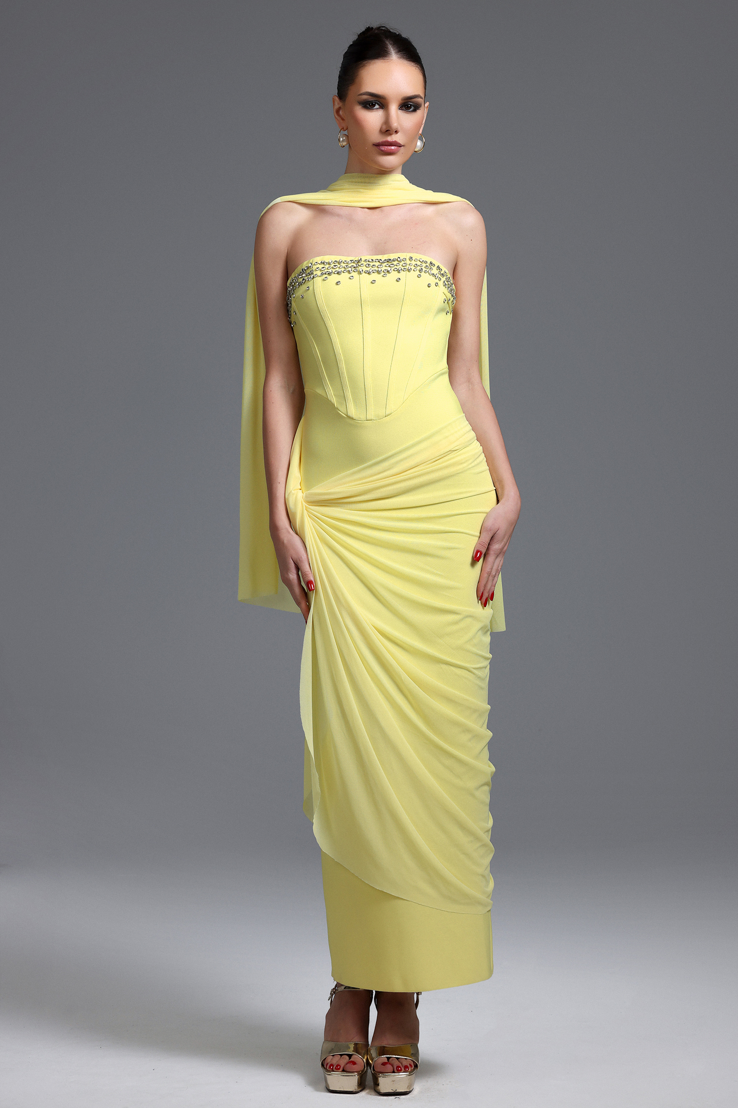 Ophelia Elegant Contour Strapless Rhinestone Draped Bandage Maxi Dress
