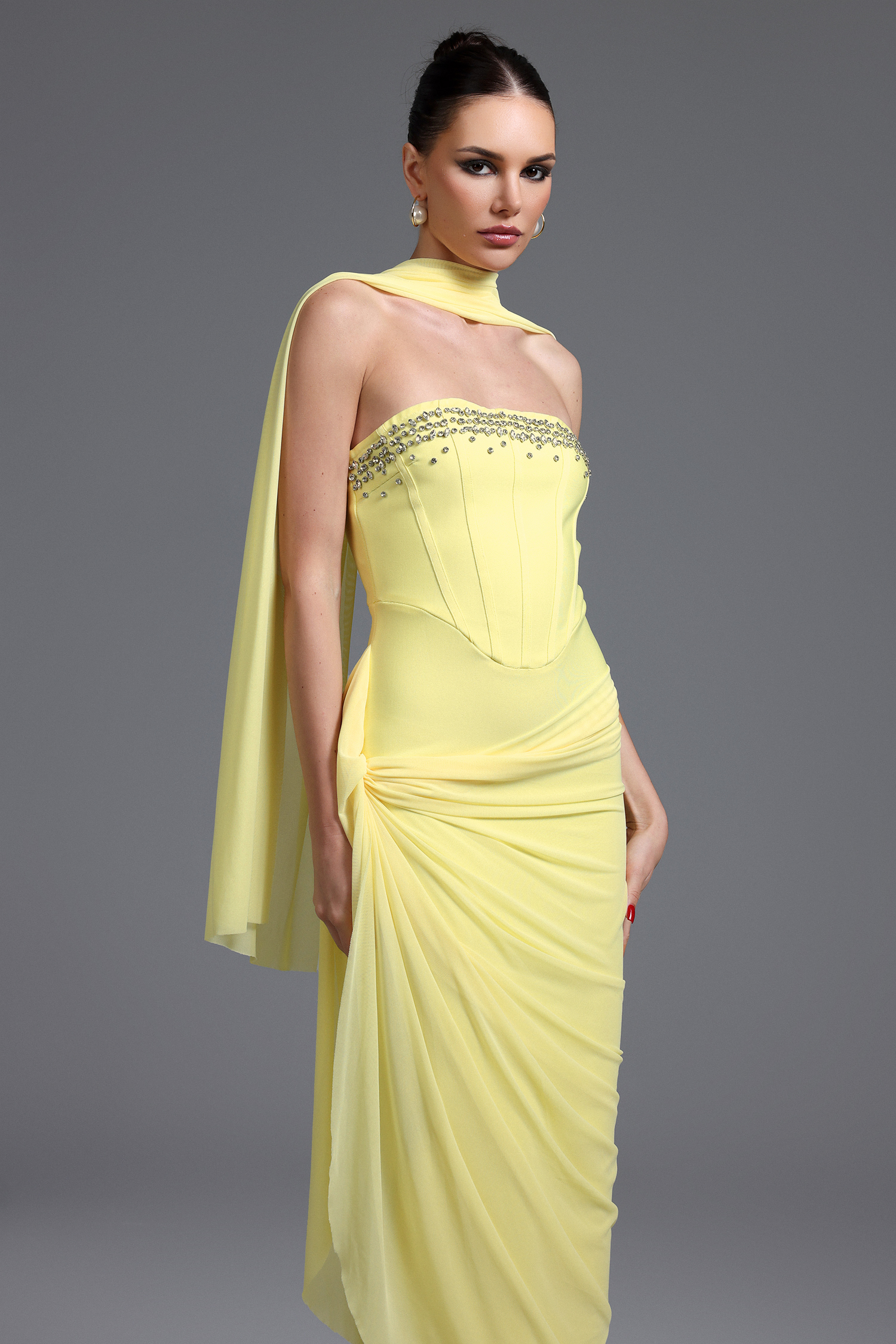 Ophelia Elegant Contour Strapless Rhinestone Draped Bandage Maxi Dress