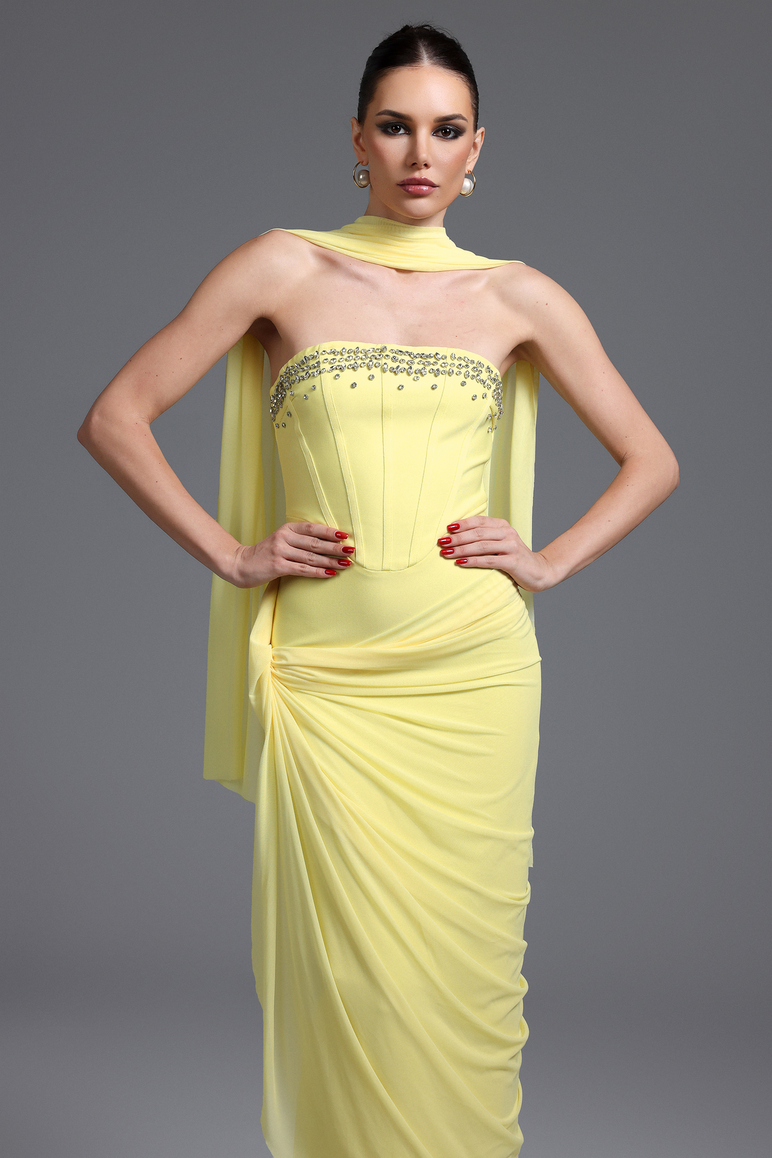Ophelia Elegant Contour Strapless Rhinestone Draped Bandage Maxi Dress