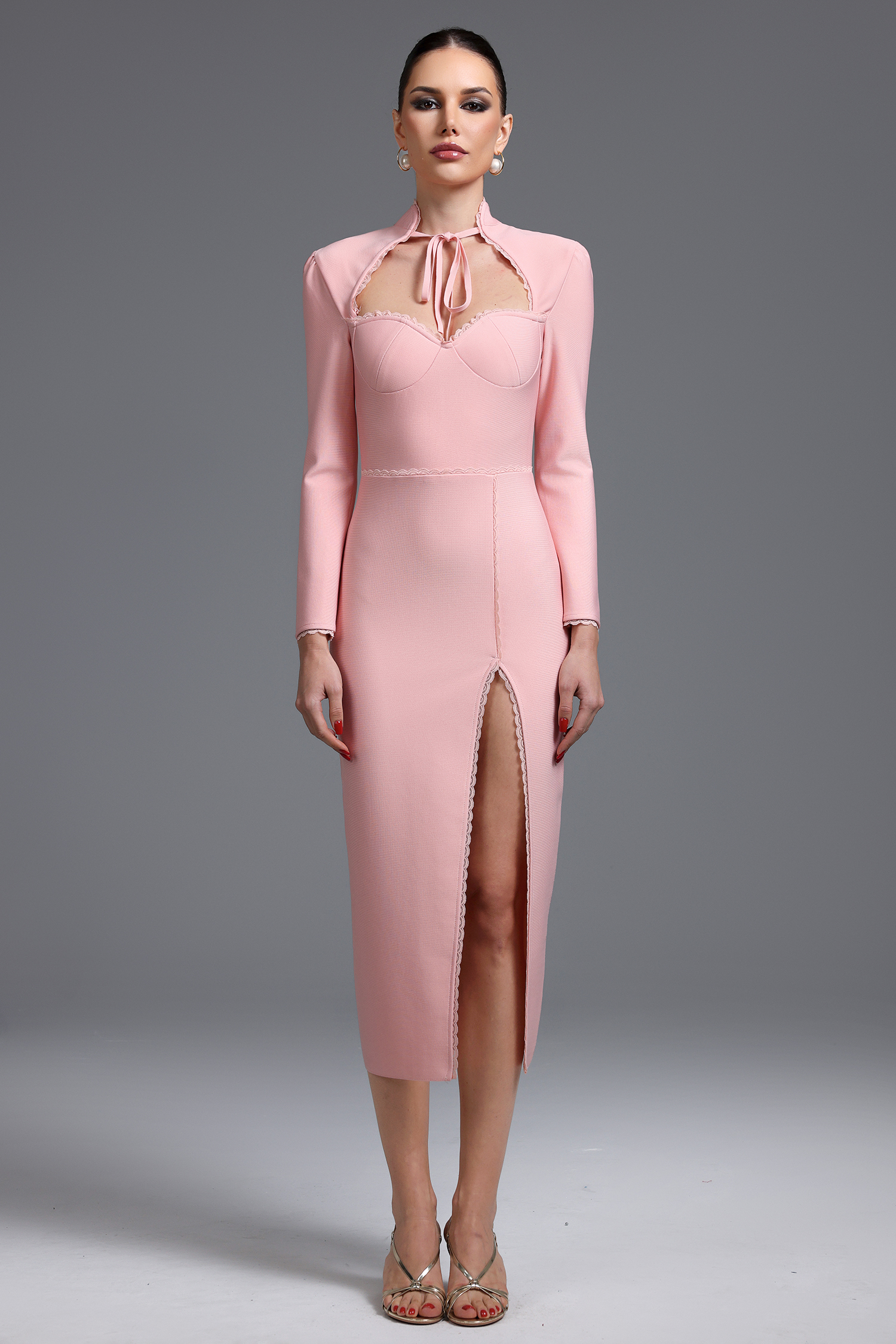 Wenrey Romantic Contour Long Sleeve High Slit Bandage Maxi Dress