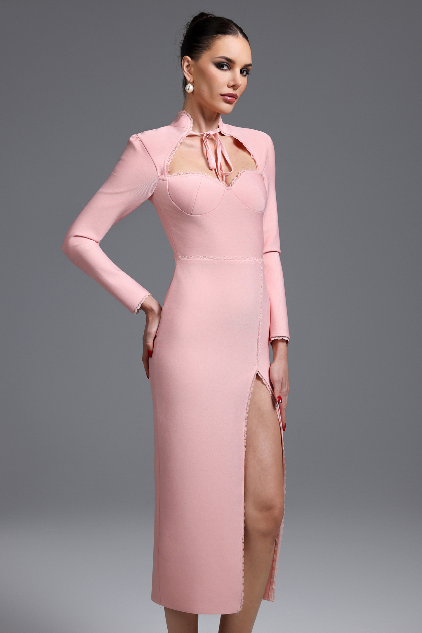 Wenrey Romantic Contour Long Sleeve High Slit Bandage Maxi Dress