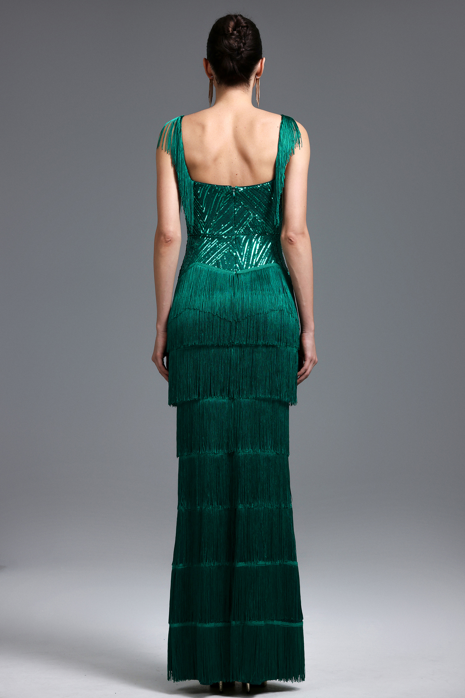 Sierra Glamorous Cinched Waist Sequin Fringe Maxi Dress