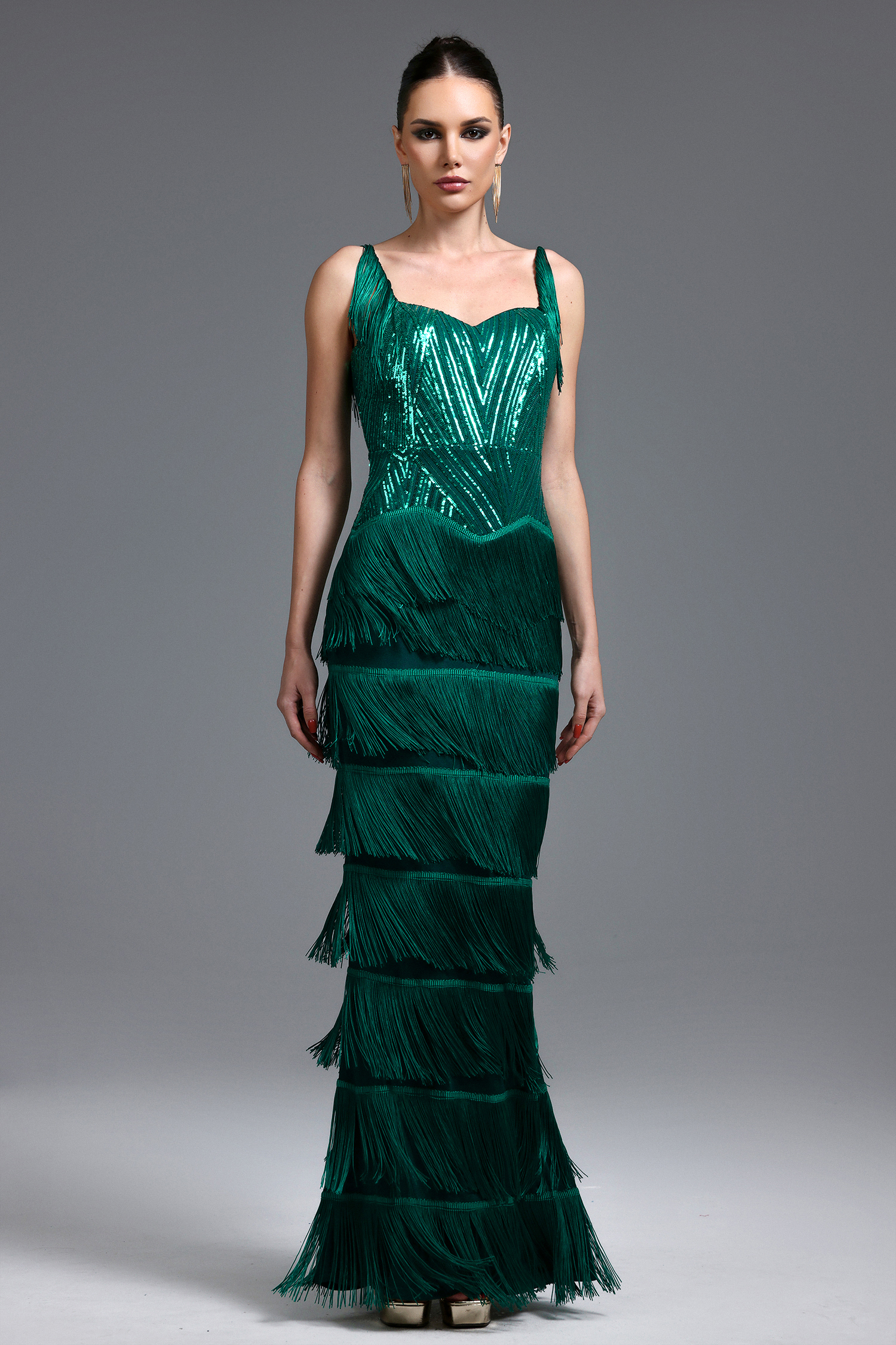 Sierra Glamorous Cinched Waist Sequin Fringe Maxi Dress