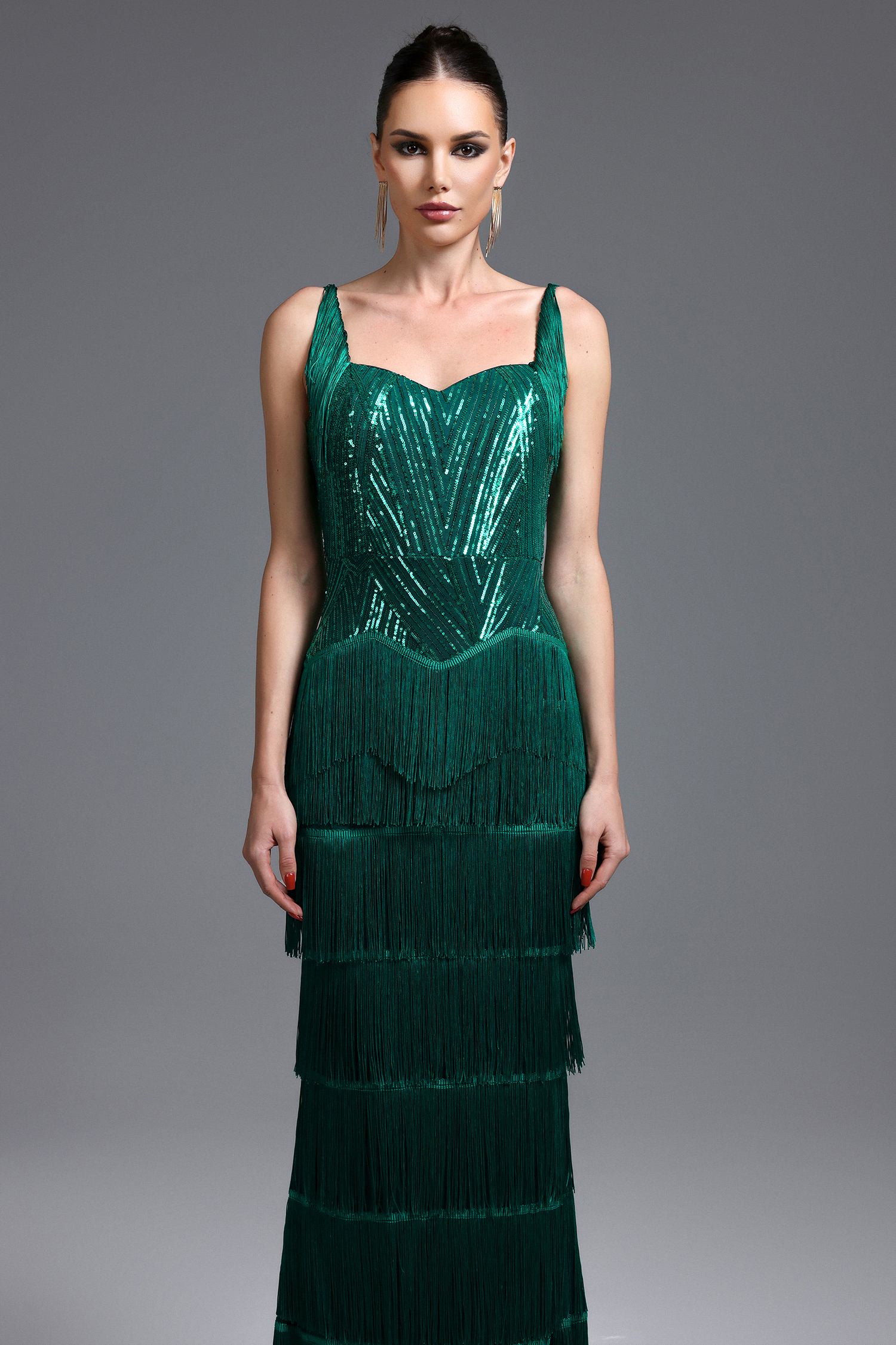 Sierra Glamorous Cinched Waist Sequin Fringe Maxi Dress