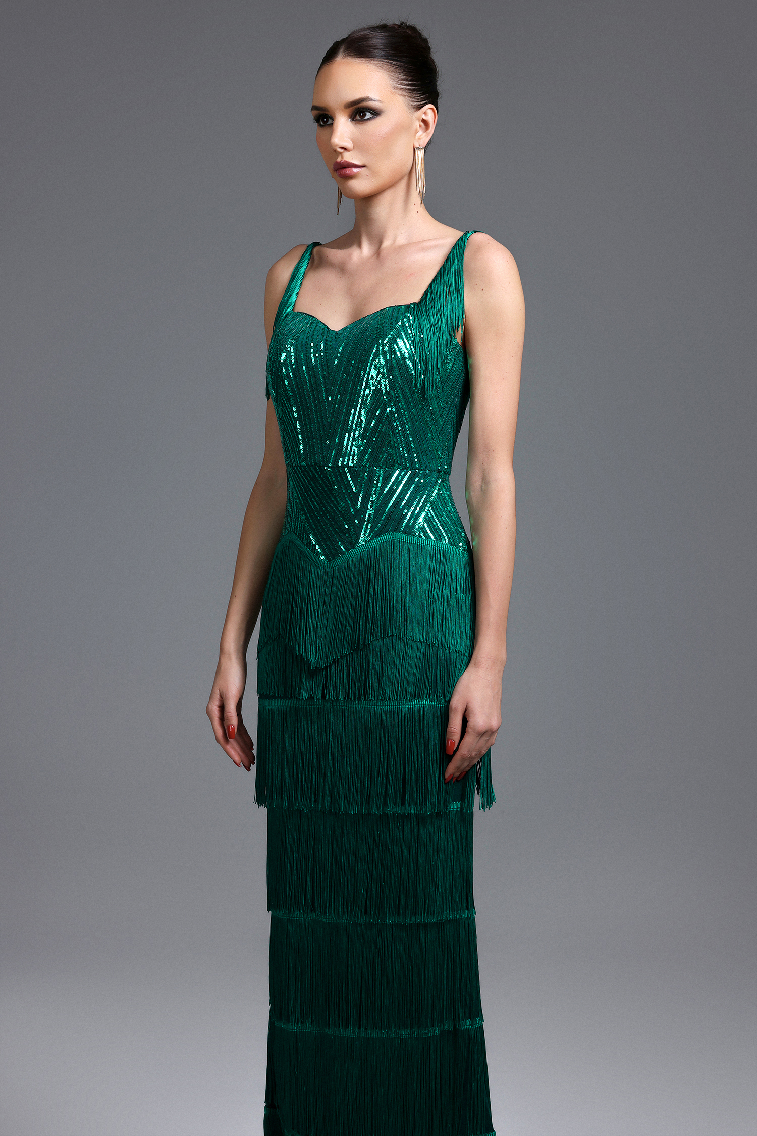 Sierra Glamorous Cinched Waist Sequin Fringe Maxi Dress