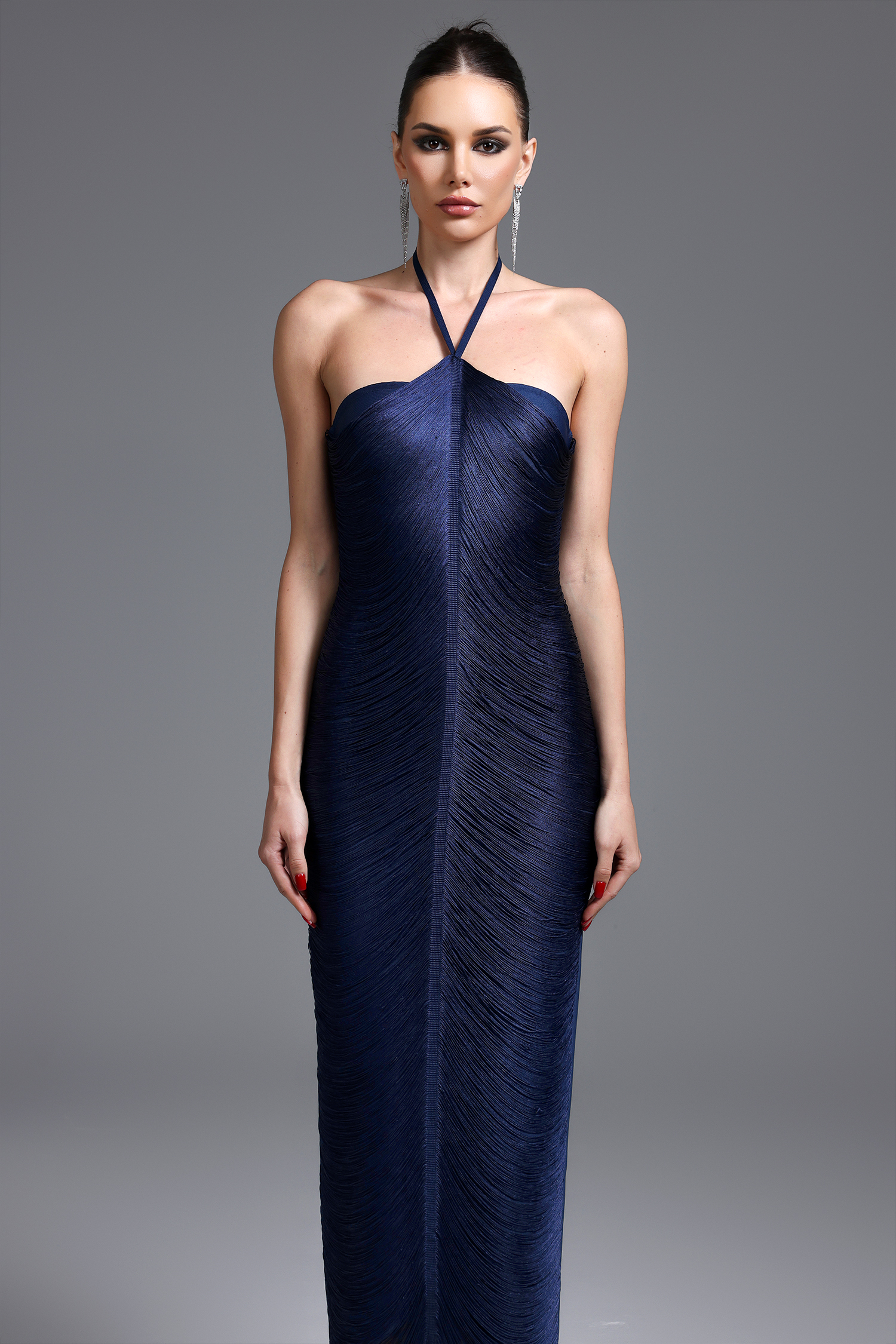 Jozie Classic Contour Halter Fringe Maxi Dress