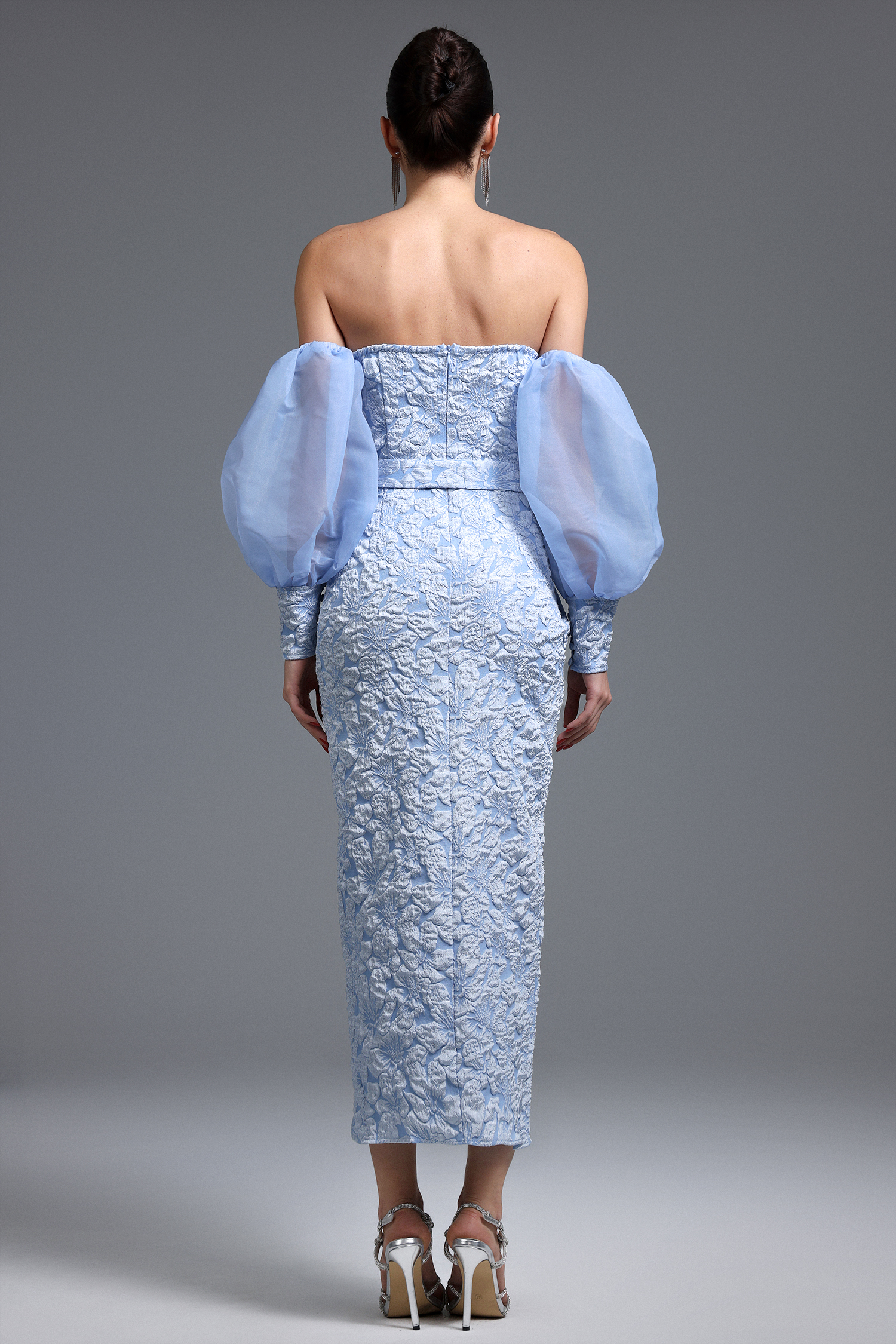 Tini Romantic Textured Strapless Sheer Sleeve Floral Maxi Dress