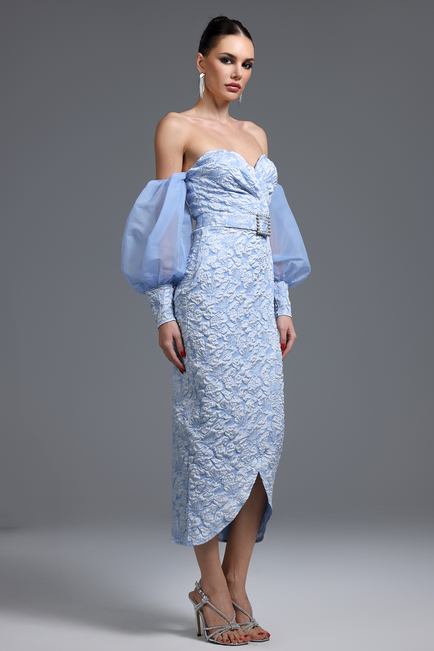 Tini Romantic Textured Strapless Sheer Sleeve Floral Maxi Dress