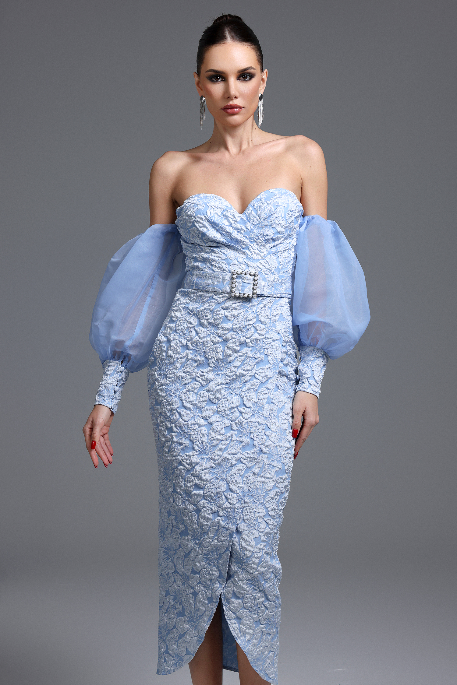 Tini Romantic Textured Strapless Sheer Sleeve Floral Maxi Dress